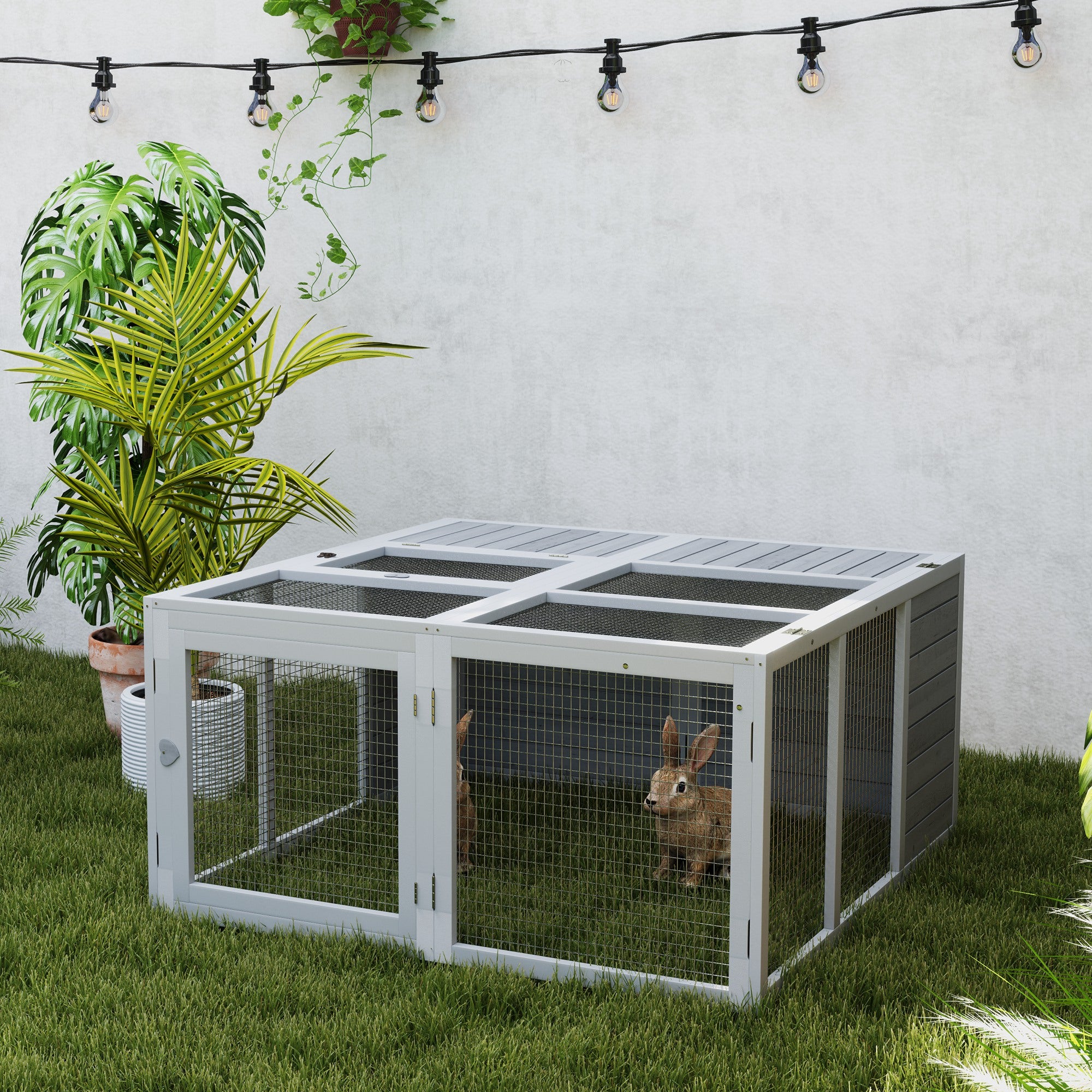 Rabbit Hutch with Openable Foldable Roof, Light Grey