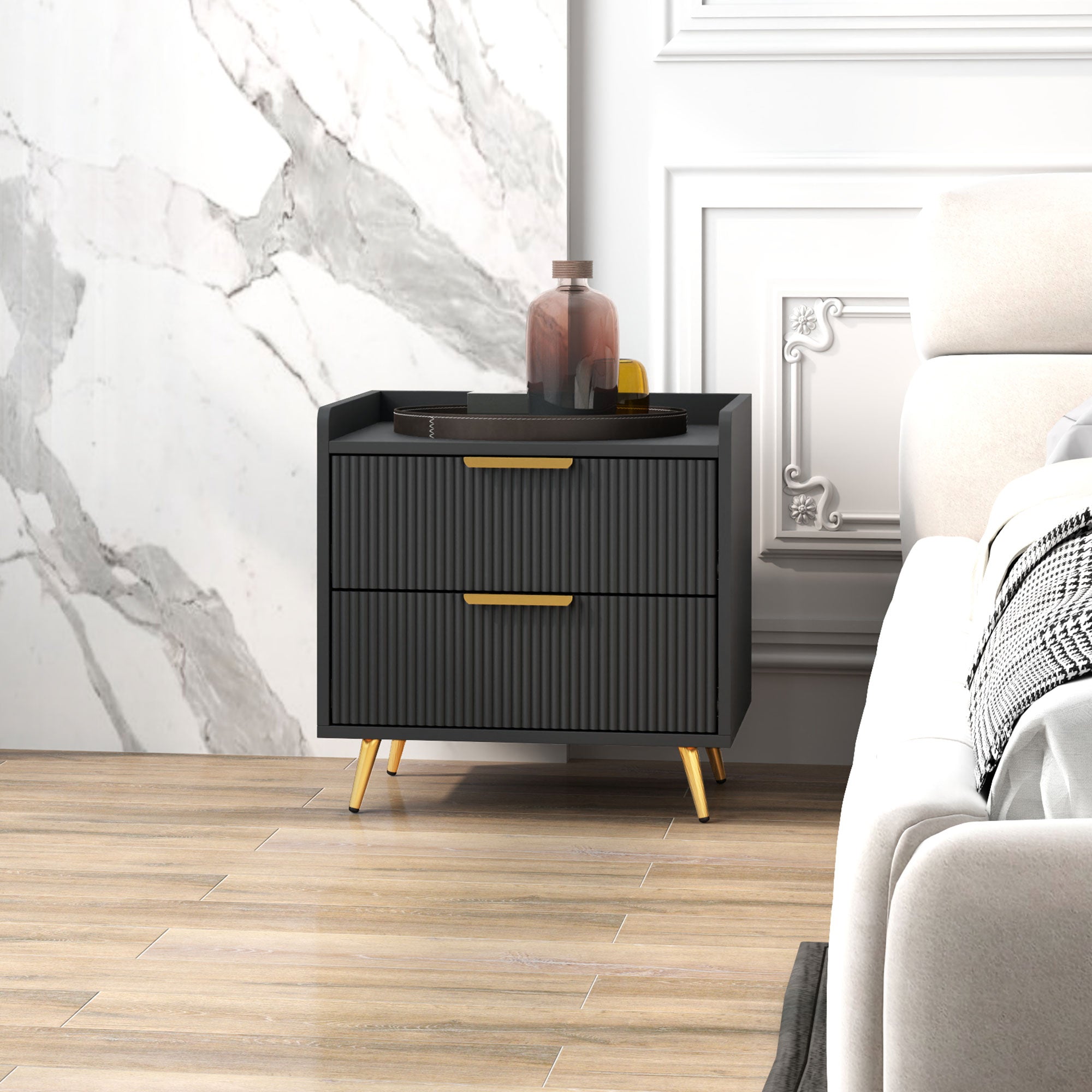 Elegant Two-Drawer Bedside Table with Gold Handles - Black