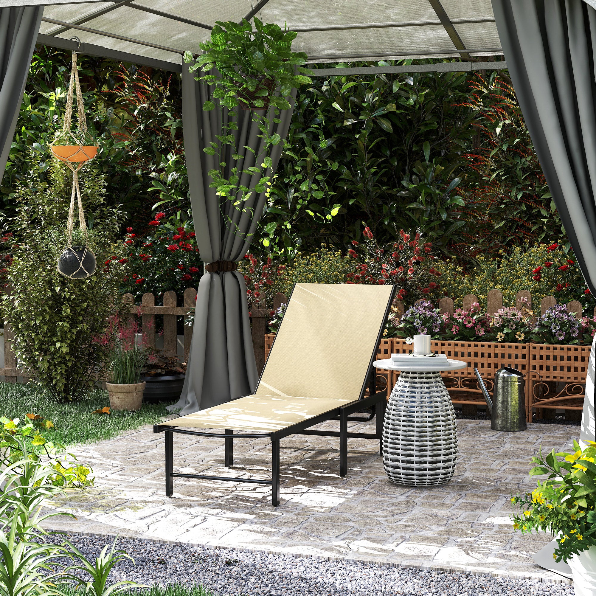 5-Level Adjustable Sun Lounger Chair with Texteline Seat and Steel Frame for Garden, Patio, Beach - Khaki