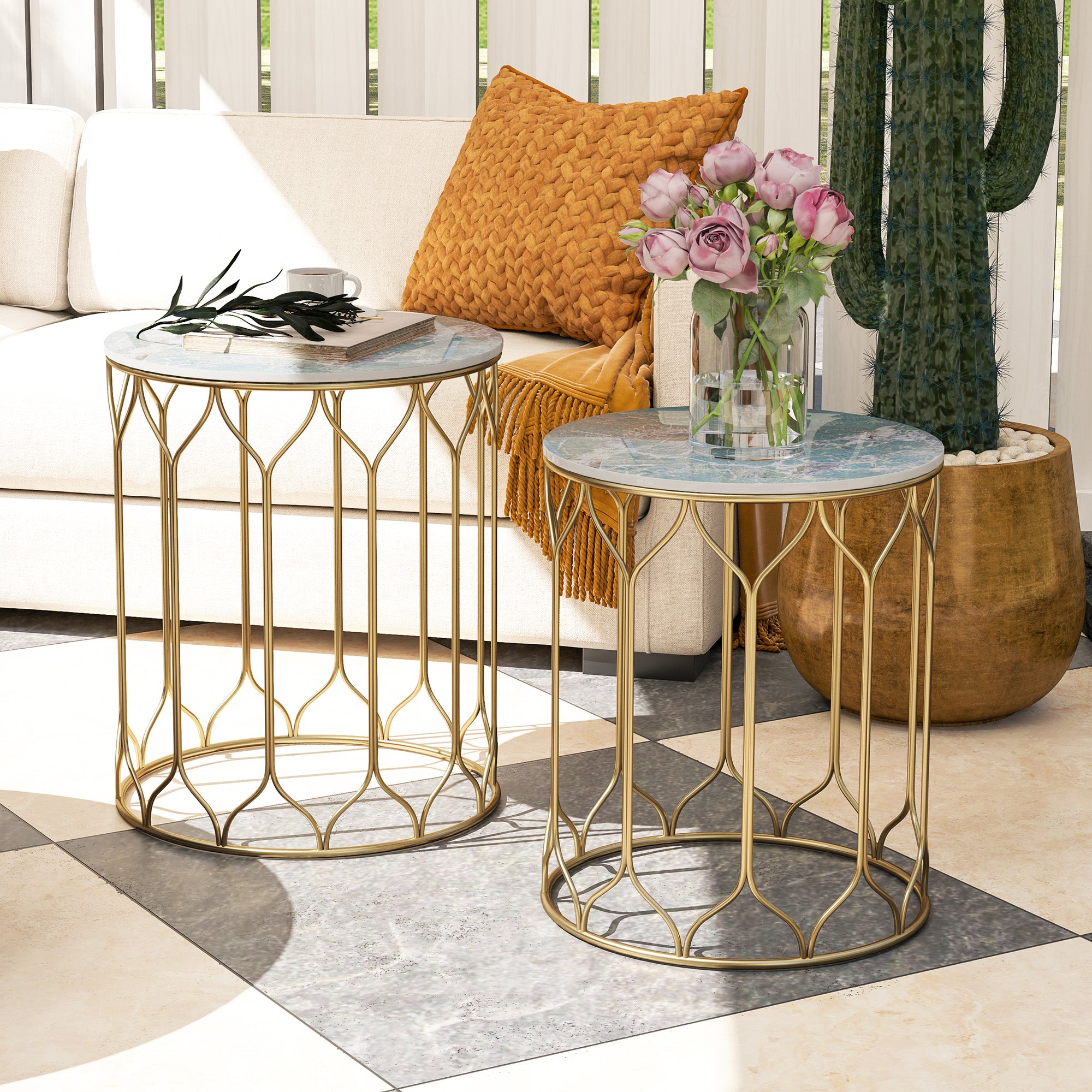 Set of 2 Nesting Garden Side Tables with Ceramic Tile Top Multicoloured