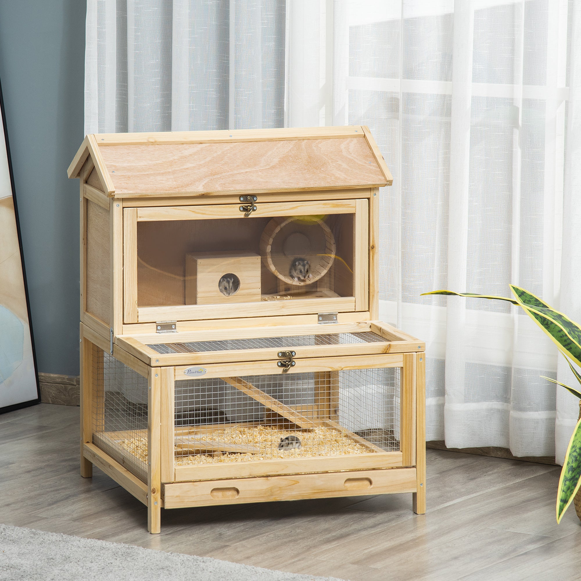 Wooden Hamster Cage with Pull-Out Tray, Two Tier Small Animal Hutch with Openable Top, Ladder, Seesaw, Running Wheel, - Natural