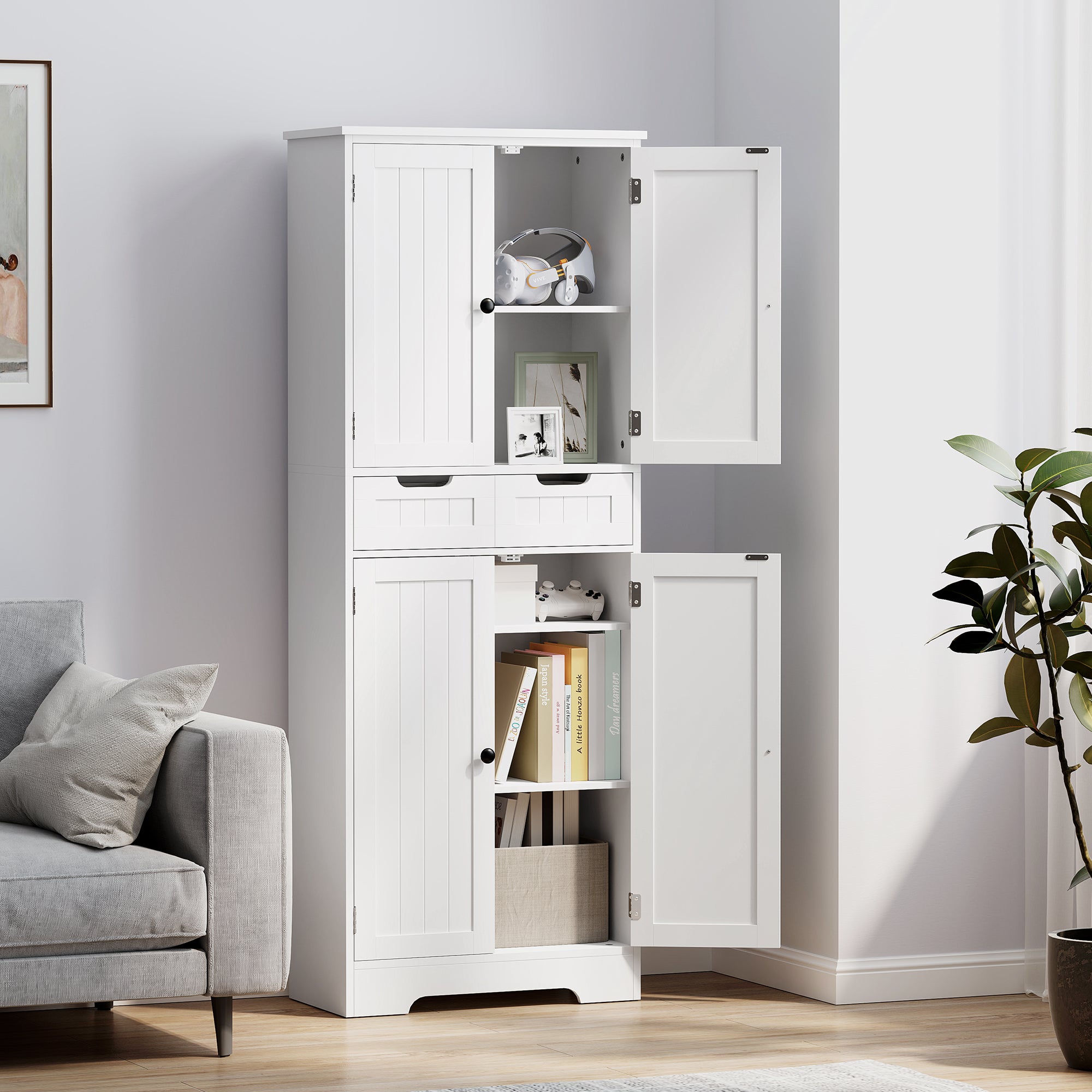 Tall Bathroom Cabinet, Freestanding Storage Cupboard, Bathroom Storage Cabinet with Drawer, Adjustable Shelf and Doors, 60 x 30 x 160 cm, White