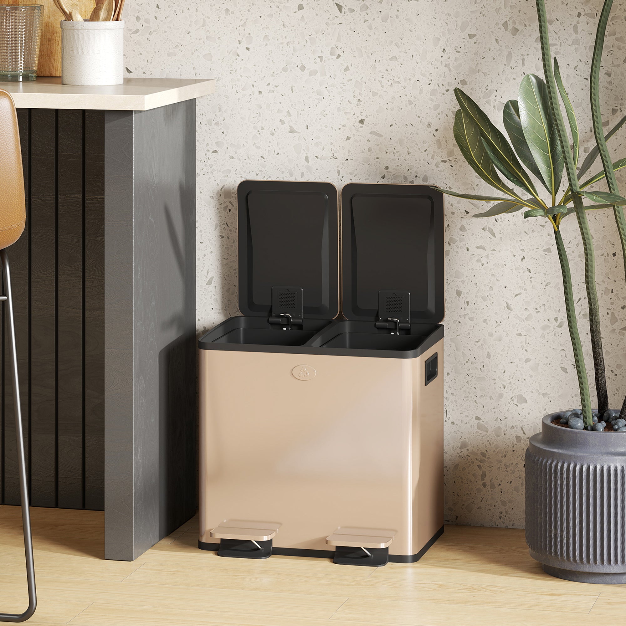 30L Dual Compartment Stainless Steel Bin, with Deodoriser Holders - Gold Tone