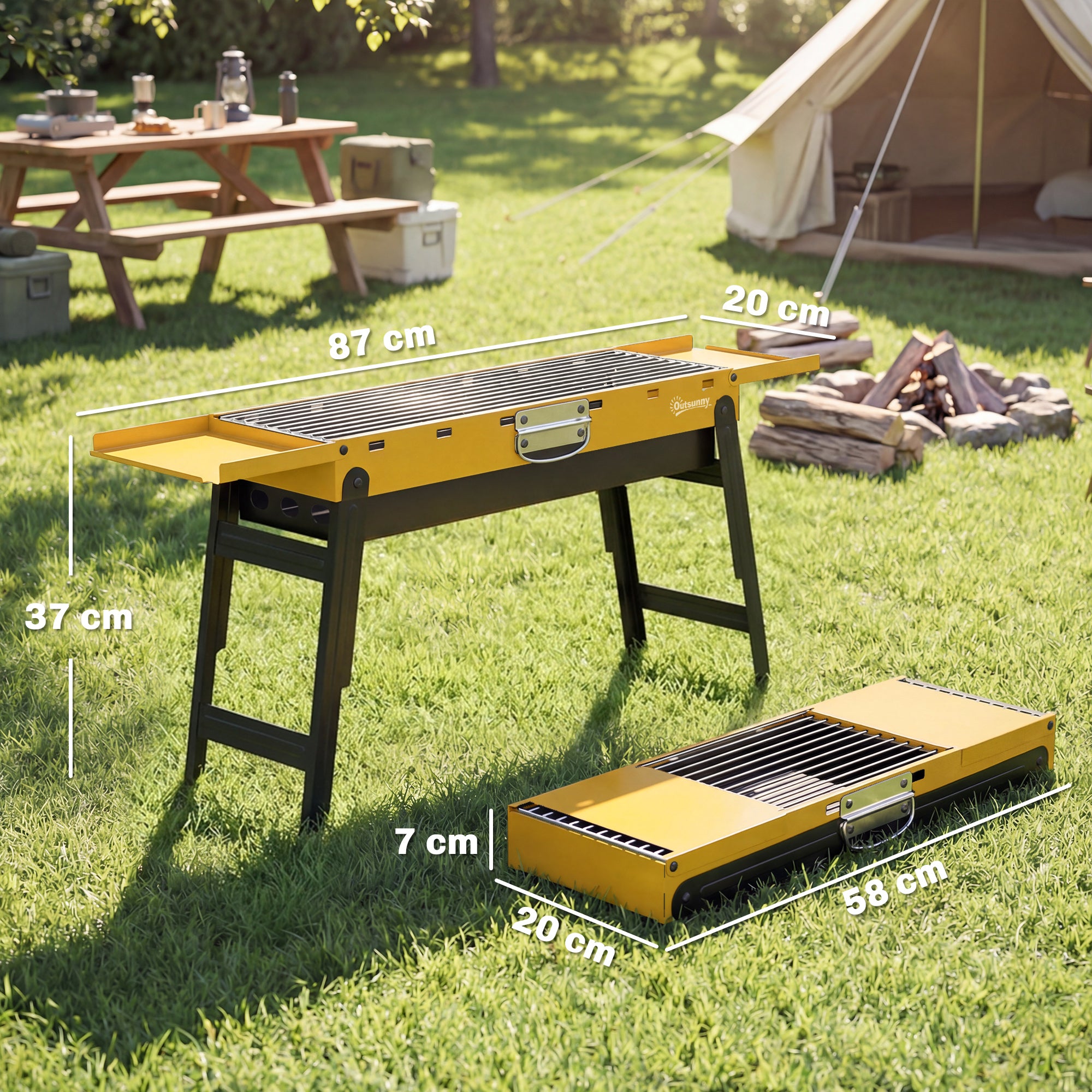 Portable BBQ Grill, Foldable Charcoal Grill for Camping and Picnics with 2 Side Shelves and Handle, Yellow