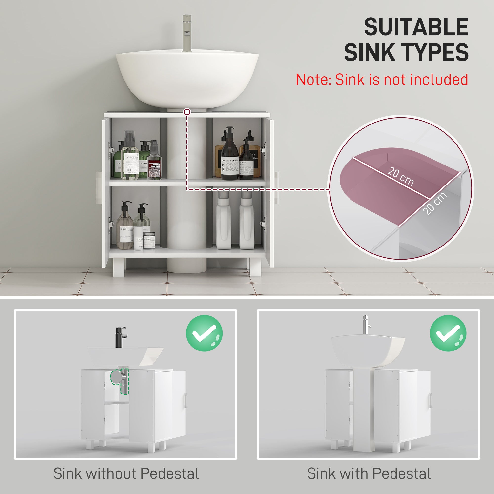 Bathroom Under Sink Cabinet for Basin without or with Pedestal - High Gloss White