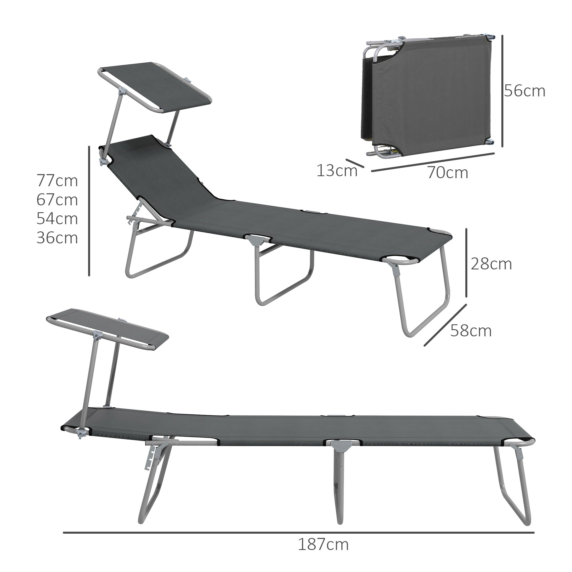 Outdoor Foldable Sun Lounger Set of 2, 4 Level Adjustable Backrest Reclining Sun Lounger Chair with Angle Adjust Sun Shade Awning for Beach, Garden, Patio, Grey