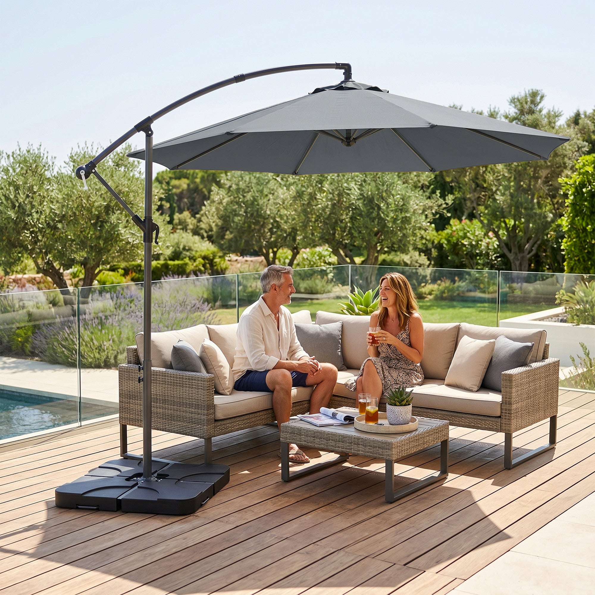 3m Overhanging Parasol, with Base, Weights and Cover - Dark Grey