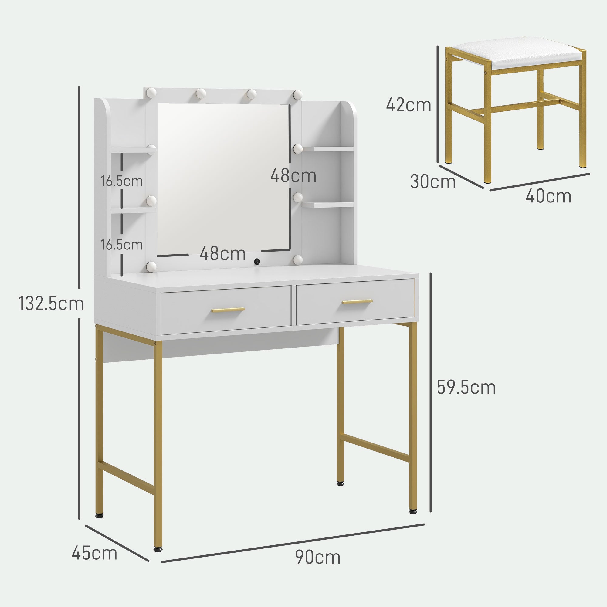 Dressing Table with Lighted Mirror, Cushioned Stool, Drawers, Shelves, LED Makeup Vanity Desk Set, Modern Dresser Vanity Table for Bedroom, White