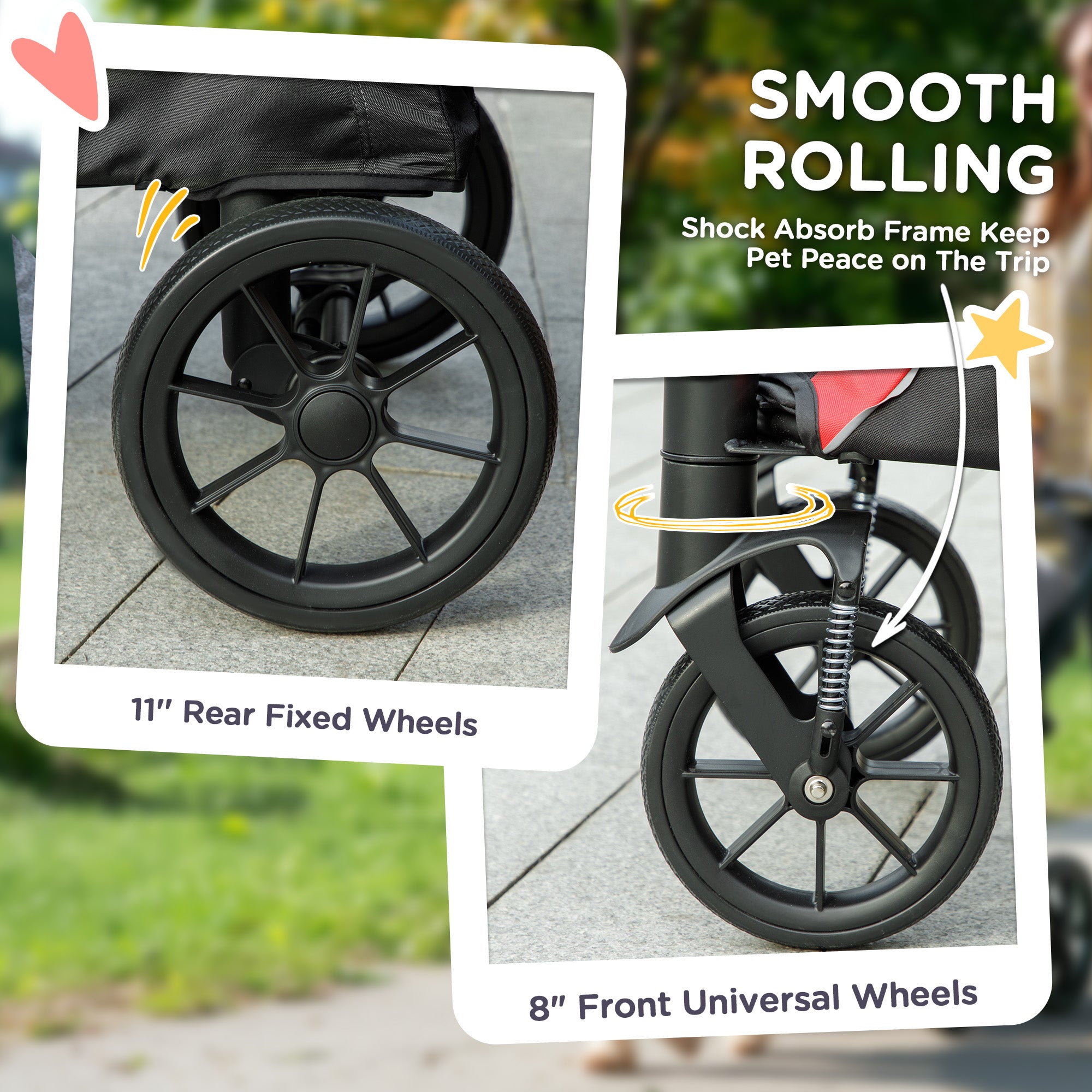 Easy Folding Large Dog Pet Stroller with Shock Absorb Wheels, Safety Leashes & Brakes - Black