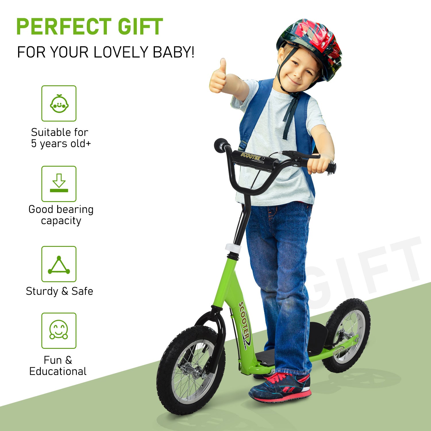 Teen Kids Stunt Scooter w/ Adjustable Handlebar, 12 Inch Rubber Tyres, Dual Brakes, Green