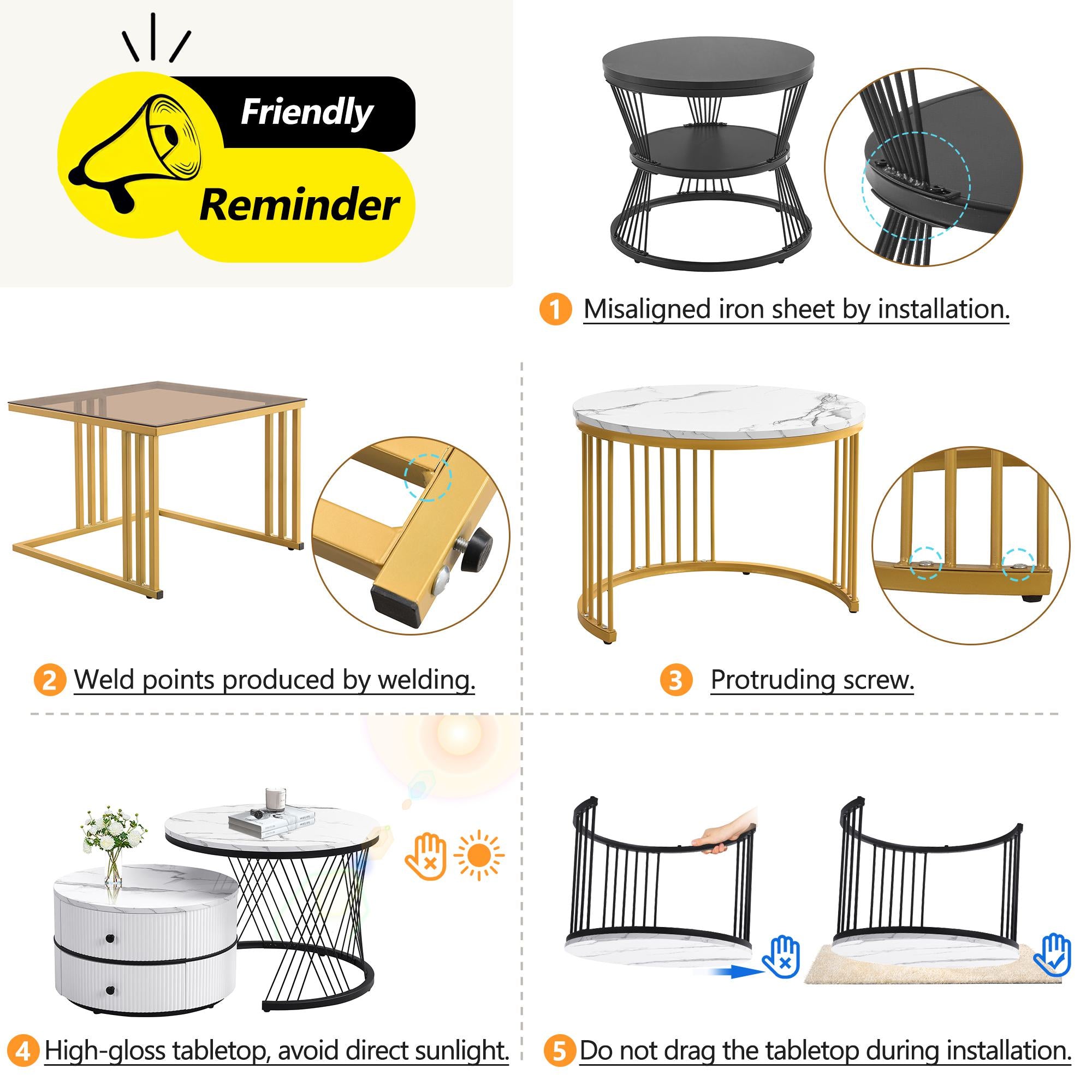 2 Piece Nesting Coffee Table Set with Marble Pattern and Modern Gold Design, Square End Table with Drawer and Metal Frame, Gold+White