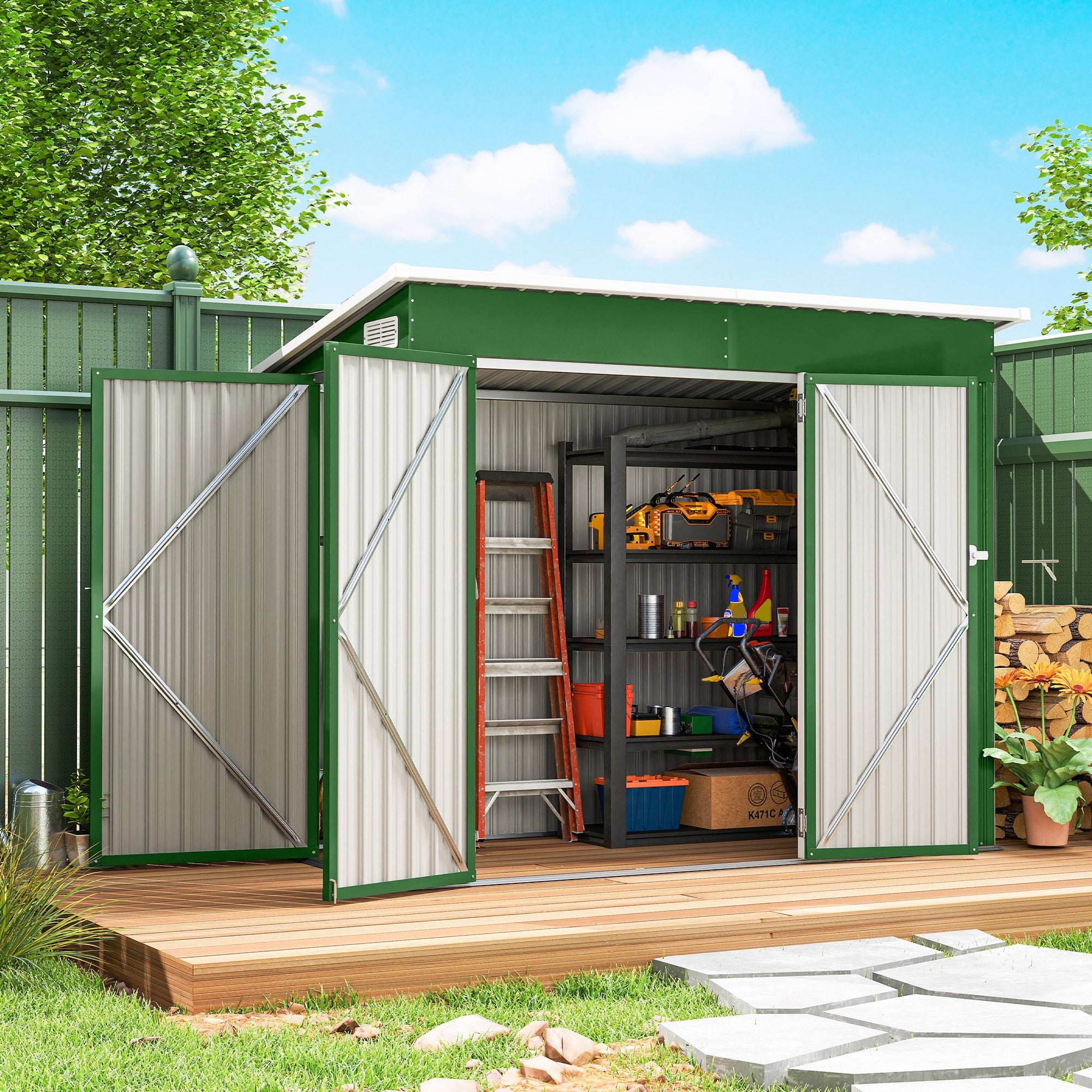 7.5 x 4.3ft Metal Garden Storage Shed, Waterproof Outdoor Shed with Triple Lockable Door, Gloves, Vents, Green