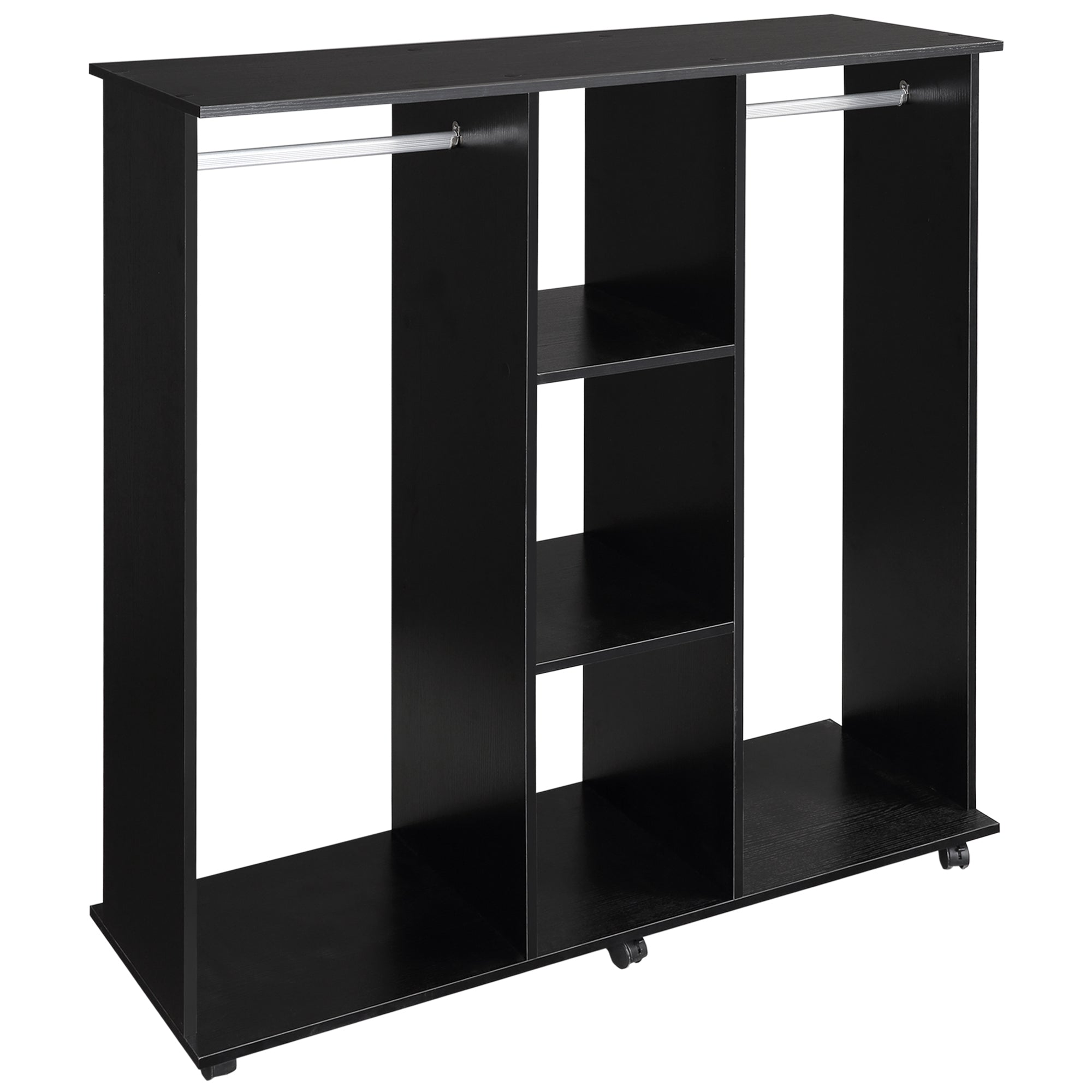 Double Open Wardrobe on Wheels, Bedroom Wardrobe with Clothes Hanging Rails, 3 Storage Shelves, Mobile Garment Rack for Cloakroom, Hallway, Black