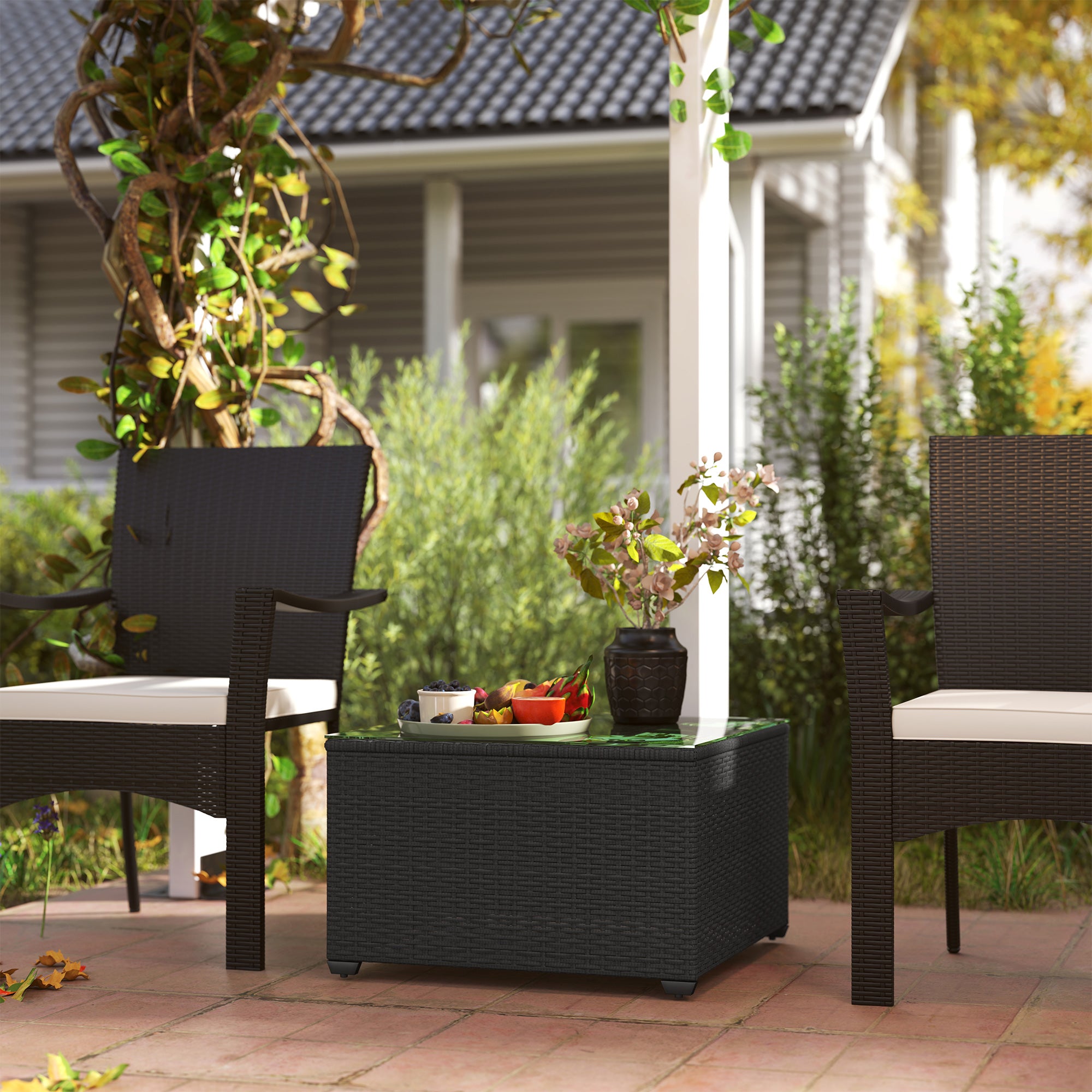 62cm Glass Top Rattan Side Table with Tempered Glass - Black