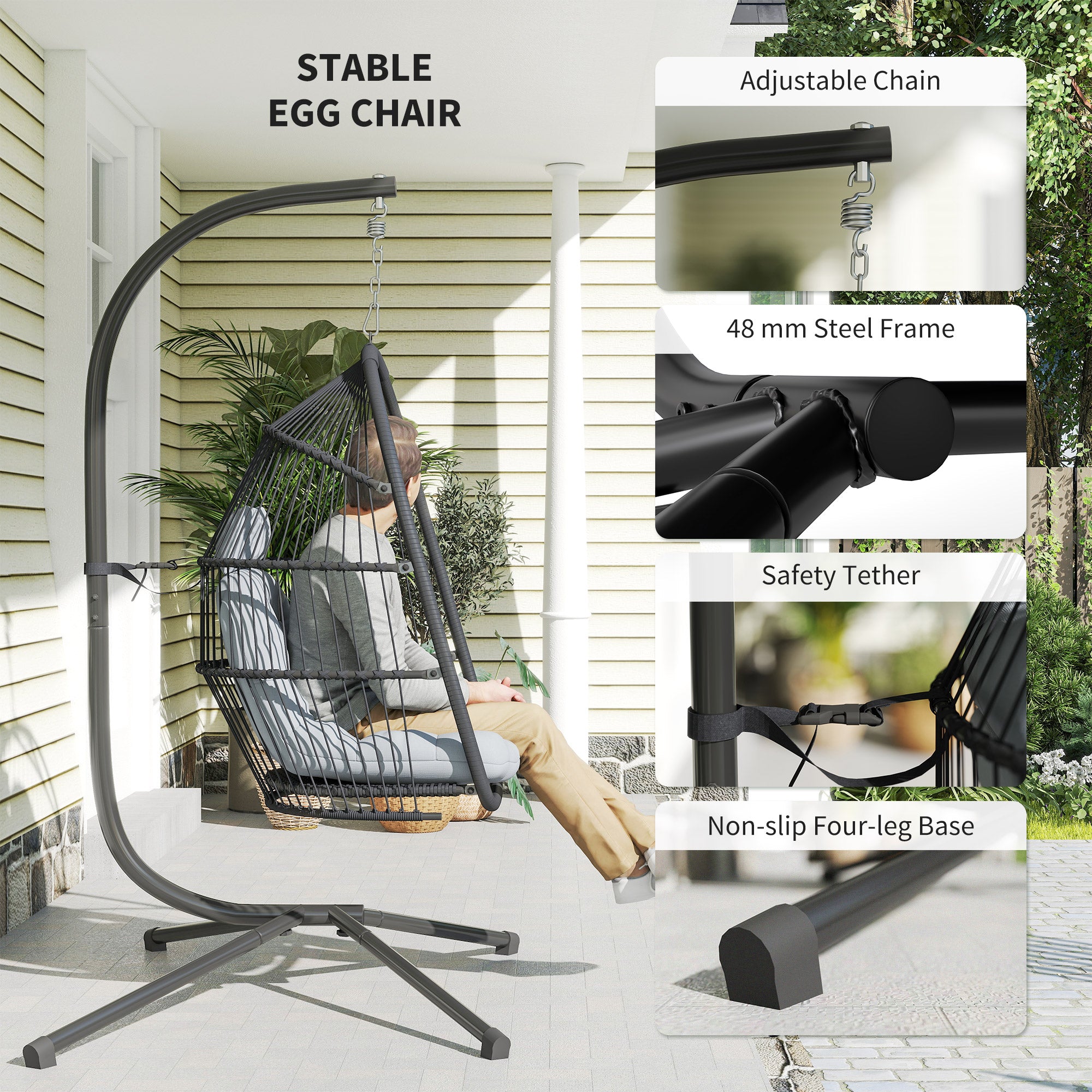 Rattan Hanging Egg Chair with Stand, Foldable Wicker Swing Egg Chair with Cushion, Head Pillow, Steel Frame, Hammock Chair for Indoor Outdoor, Capacity 150 kg, Dark Grey