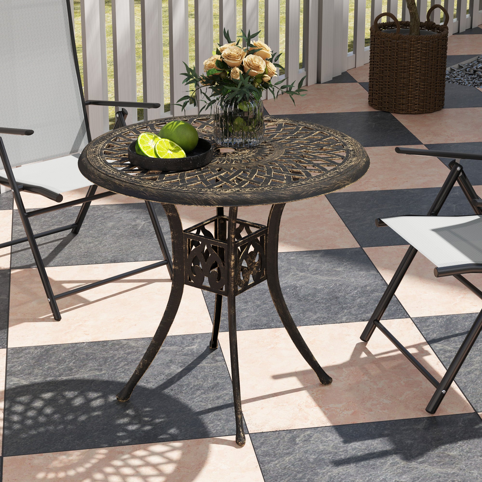 78 cm Round Garden Dining Table with Parasol Hole Bronze Cast Aluminium
