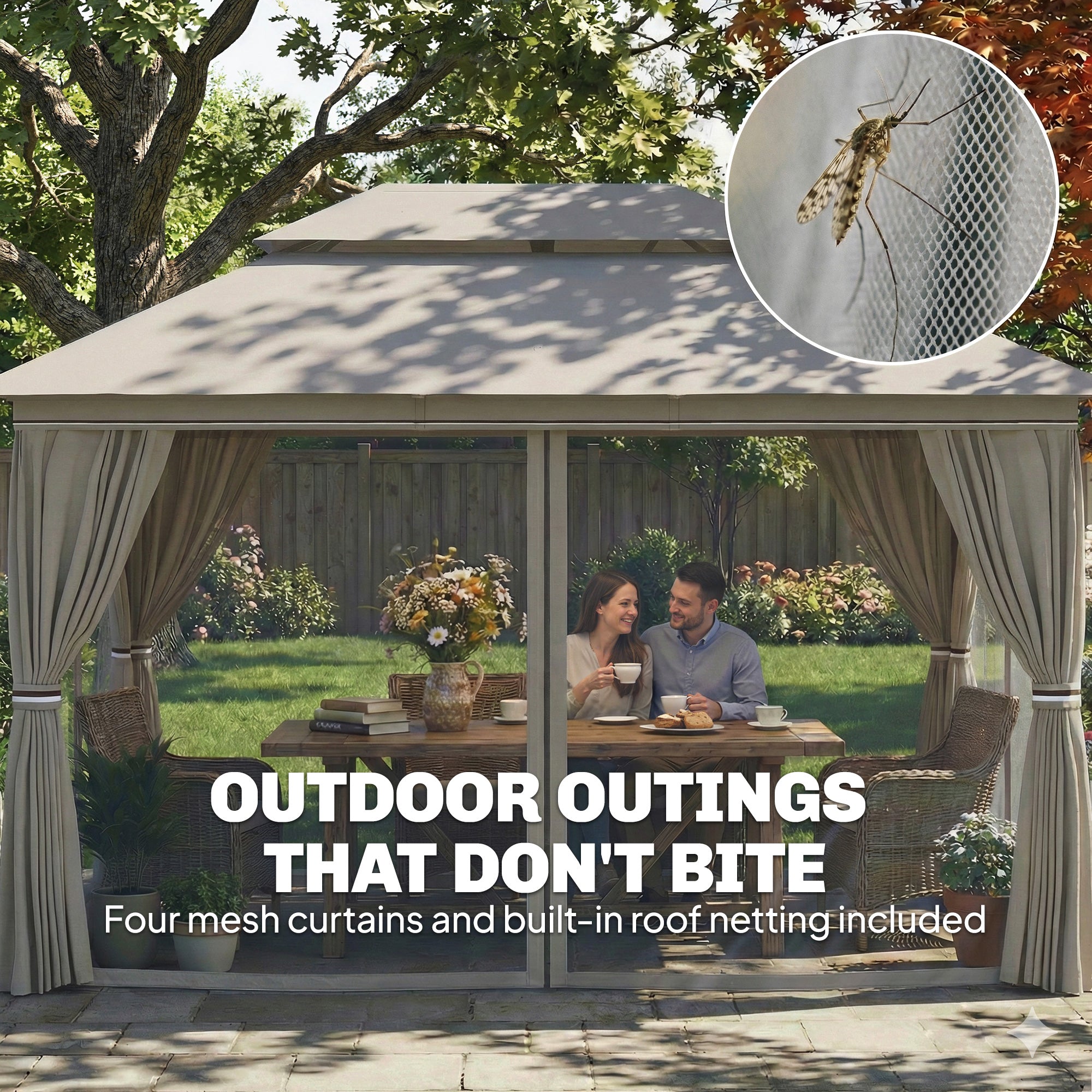 3 x 4 m Outdoor Garden Gazebo with Netting and Curtains, UPF50+ Patio Gazebo Permanent Pavilion Canopy, Beige