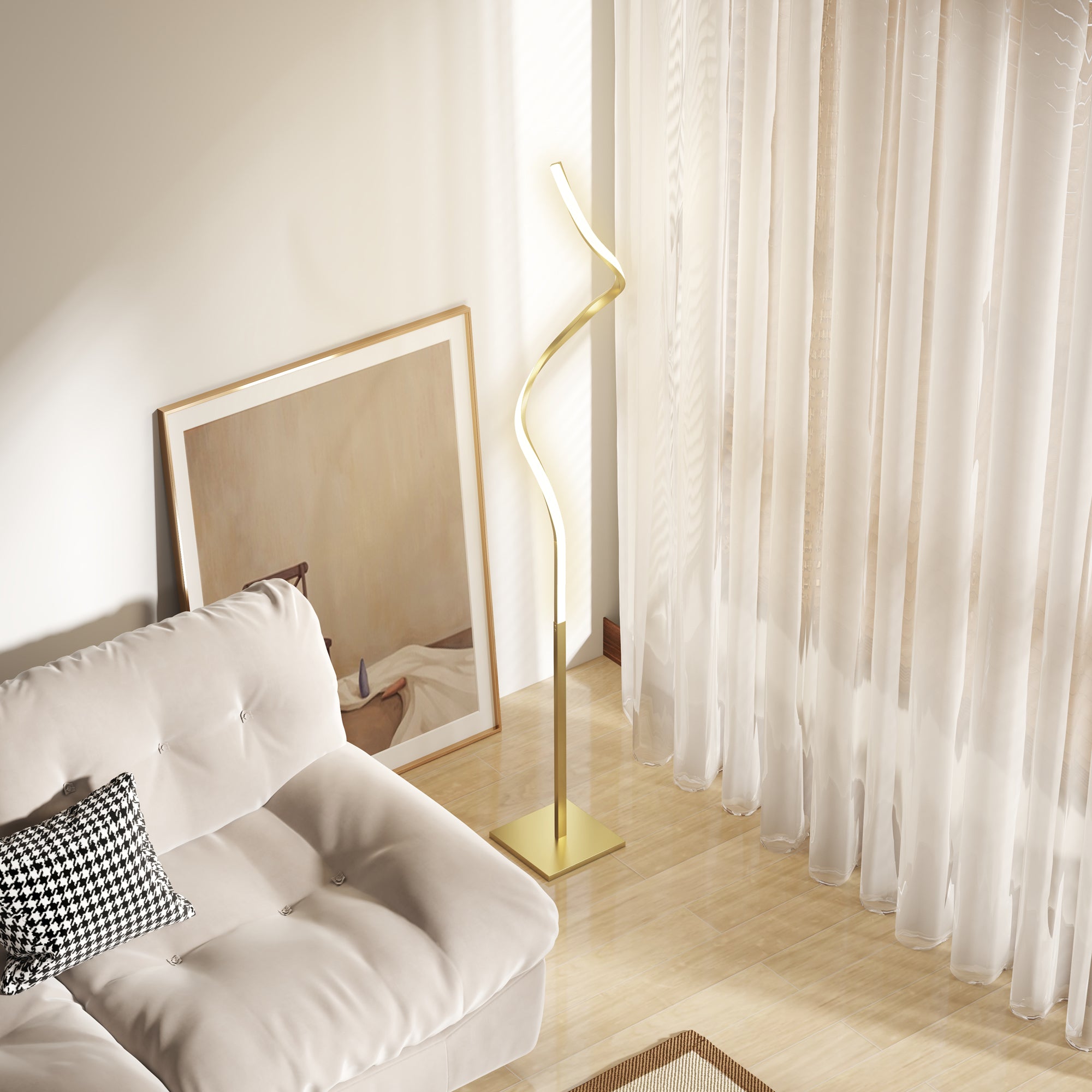 Modern LED Floor Lamp with 3 Brightness Levels and Foot Switch - Gold Tone