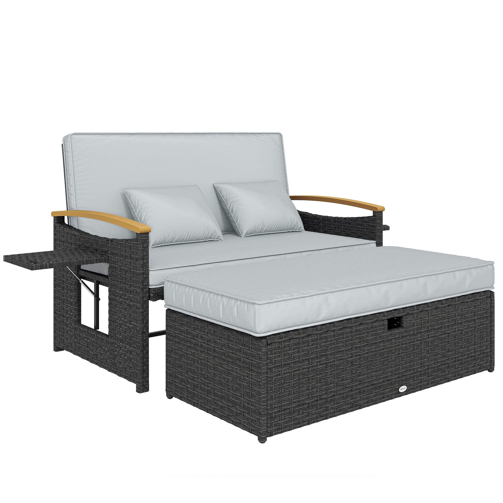 Double Garden Rattan Daybed, Wicker Sun Bed Chaise Lounger with Storage Ottoman, 4-Level Adjustable Backrest, Dark Grey