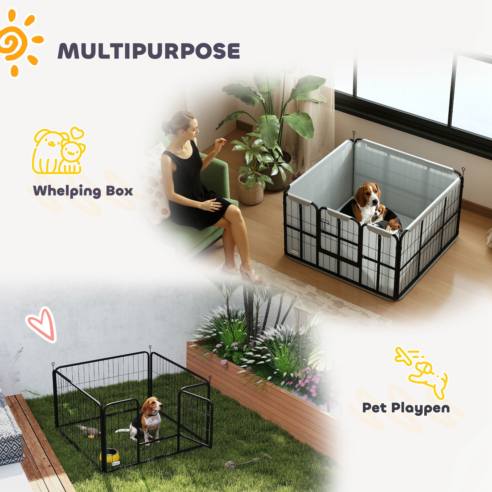 Steel Dog Whelping Box with Washable Pad and Windproof Cloth for Small & Medium Dogs 102x102x60cm - Black