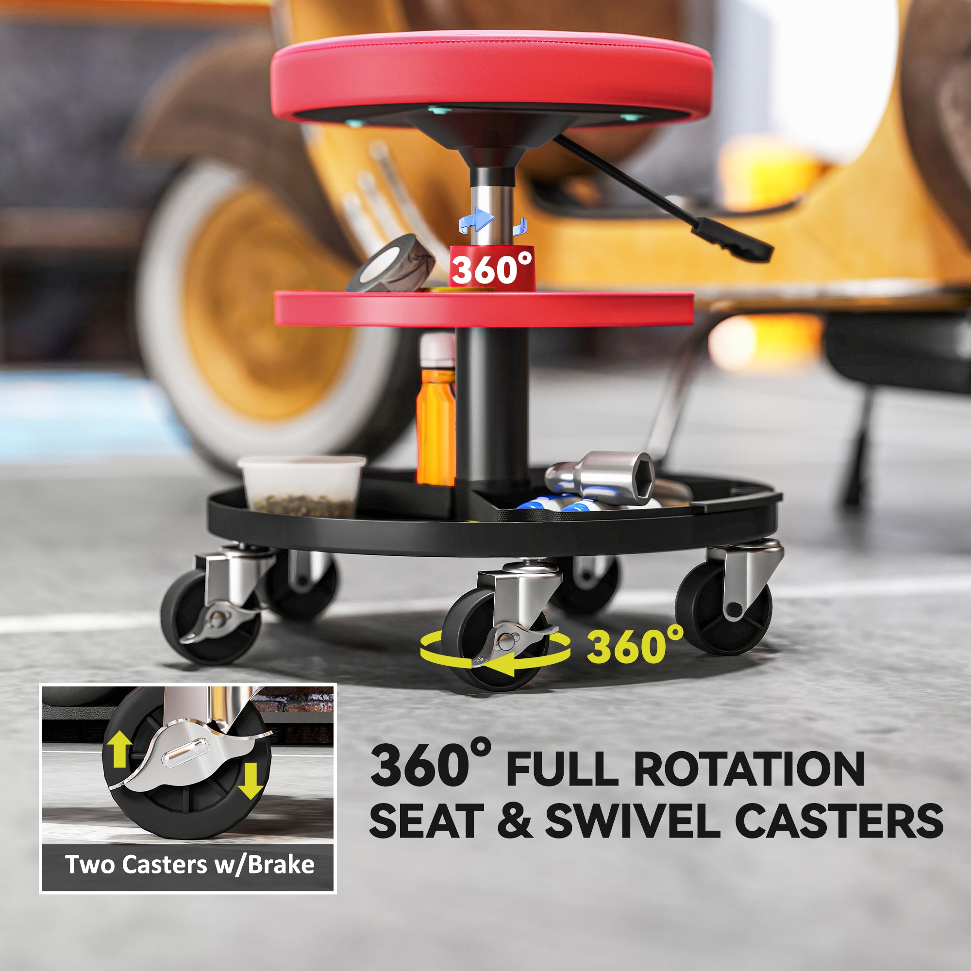 Rolling Mechanic Stool, 135kg Capacity Workshop Stool, 360° Swivel Roller Padded Creeper Seat with Wheels, Tool Trays Storage for Garage, Shop, Auto Repair, Red