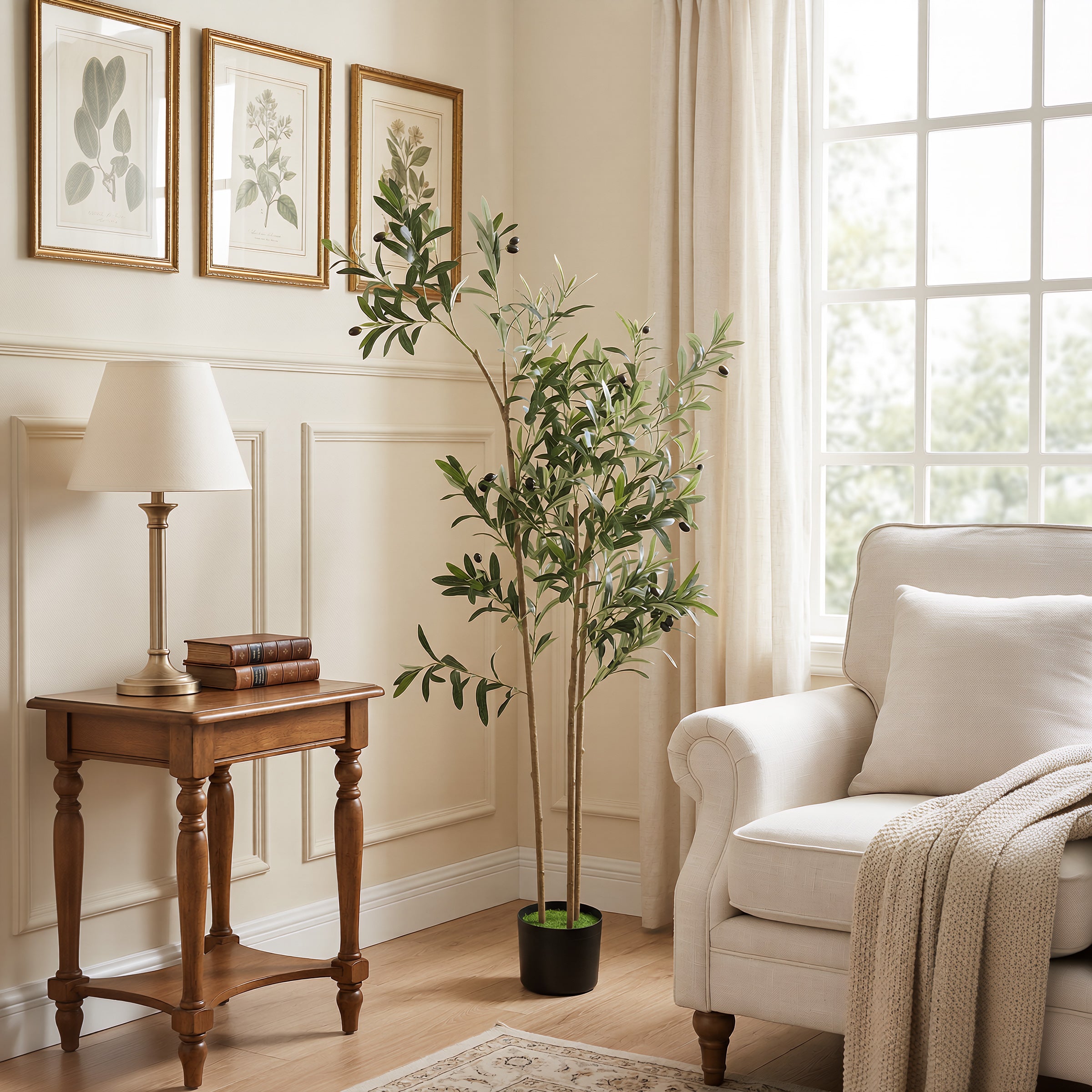 Decorative Artificial Plant, 148 cm Silk Olive Tree with 553 Leaves in Cement Pot, Fake Plant