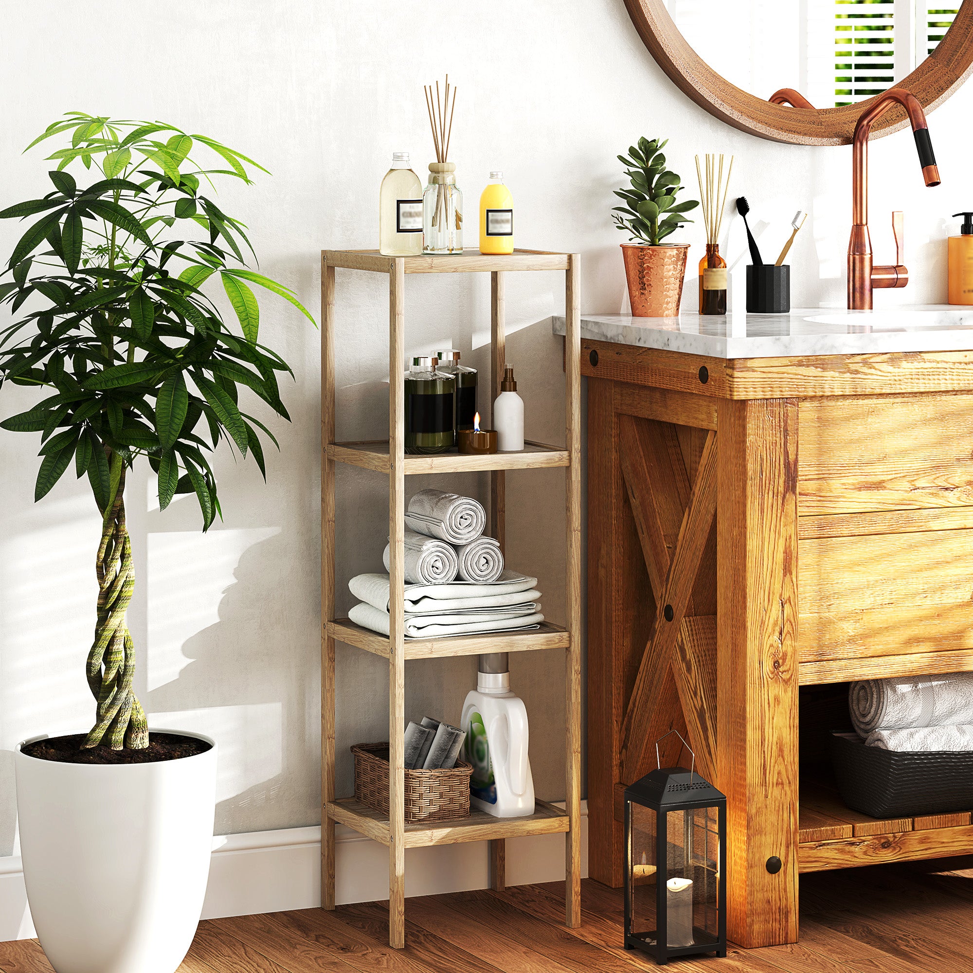 Four-Tier Bamboo Bathroom Shelf - Natural Finish