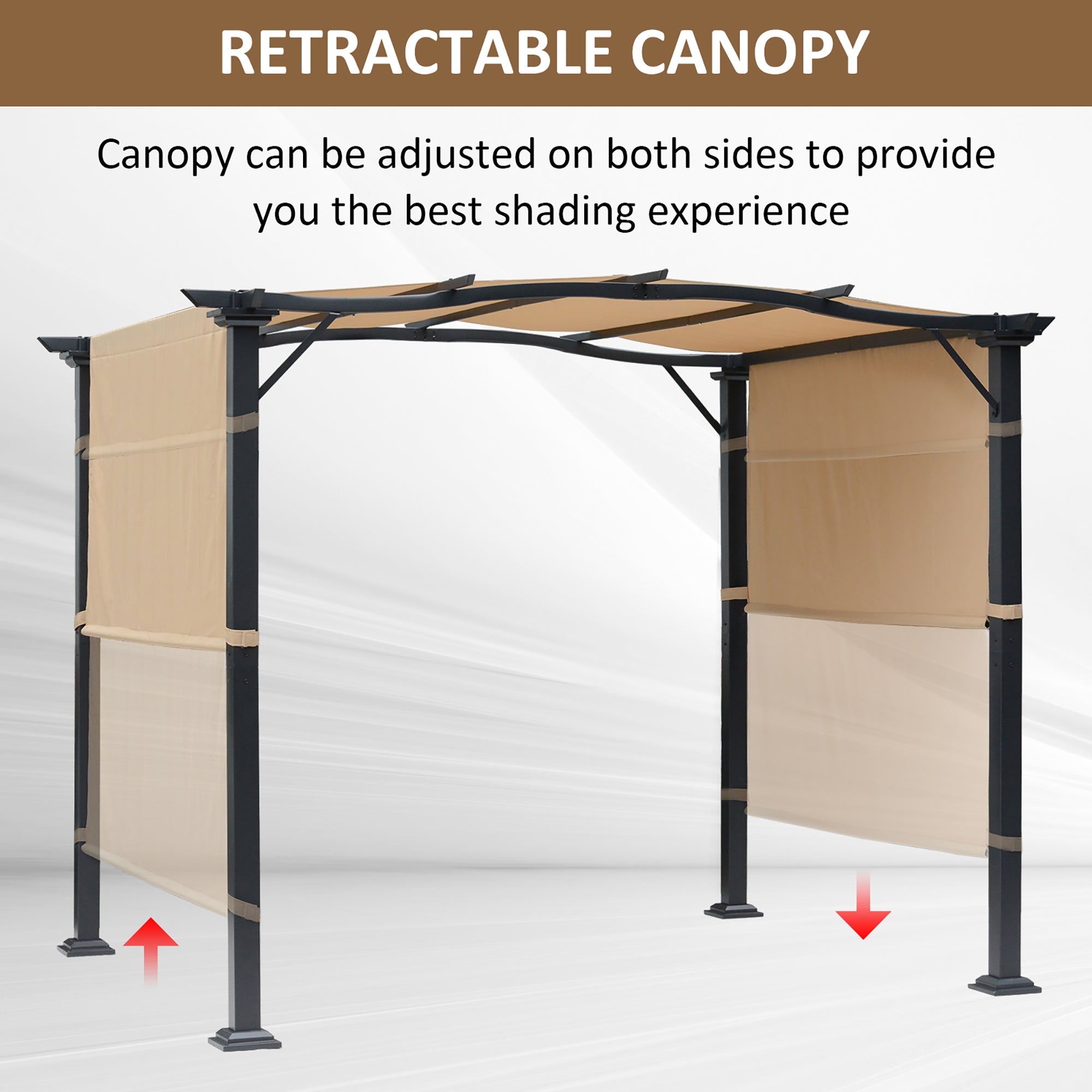 Outdoor Retractable Pergola Garden Gazebo with Two Adjustable Side Canopy Overhead Sun Shade Backyard Canopy Cover, Steel Khaki 2.96x2.45x2.3m