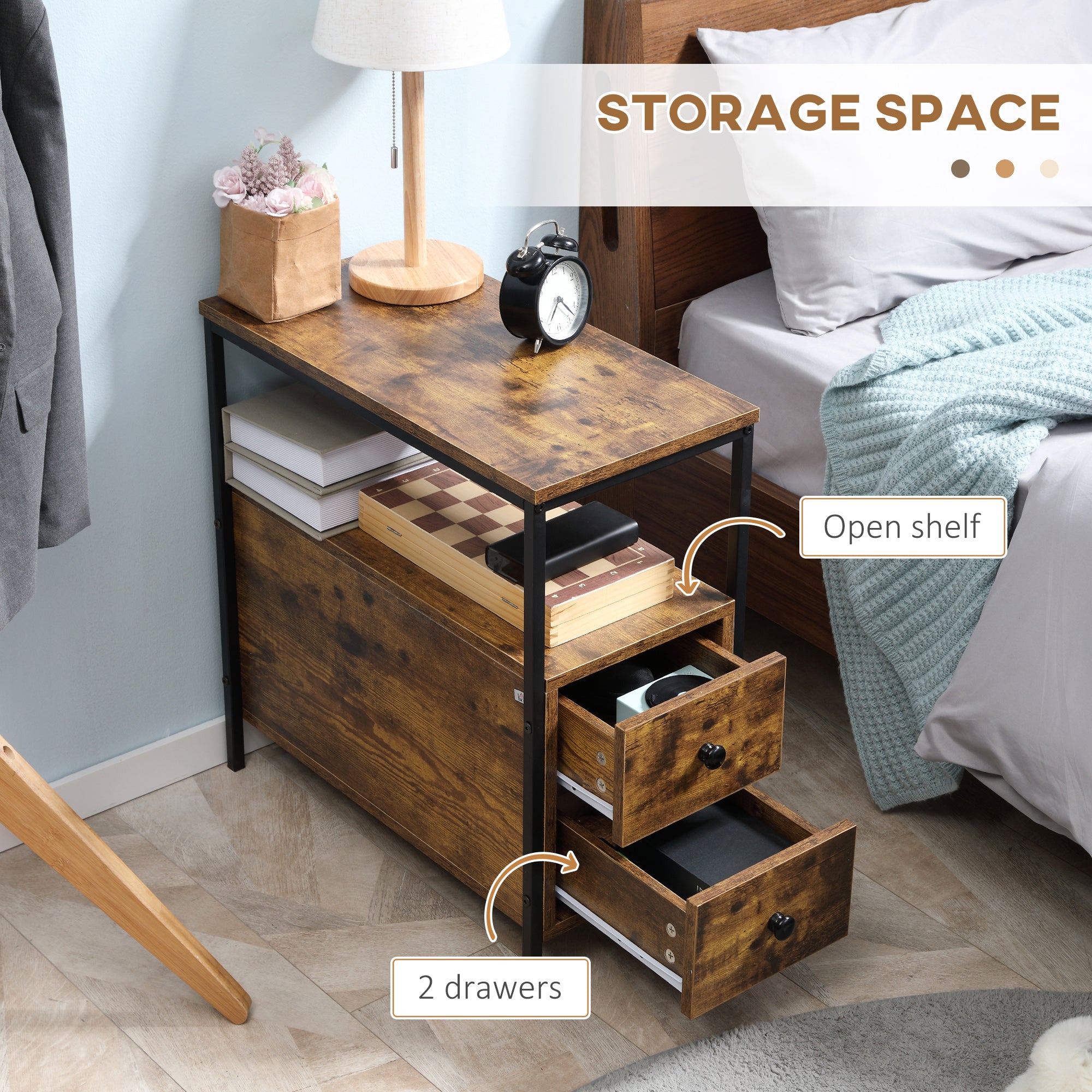 Vecelo Narrow Nightstand With 2 Drawers And Shelf – Modern Bedroom End Table, 20.5" X 11.8" X 23.6"