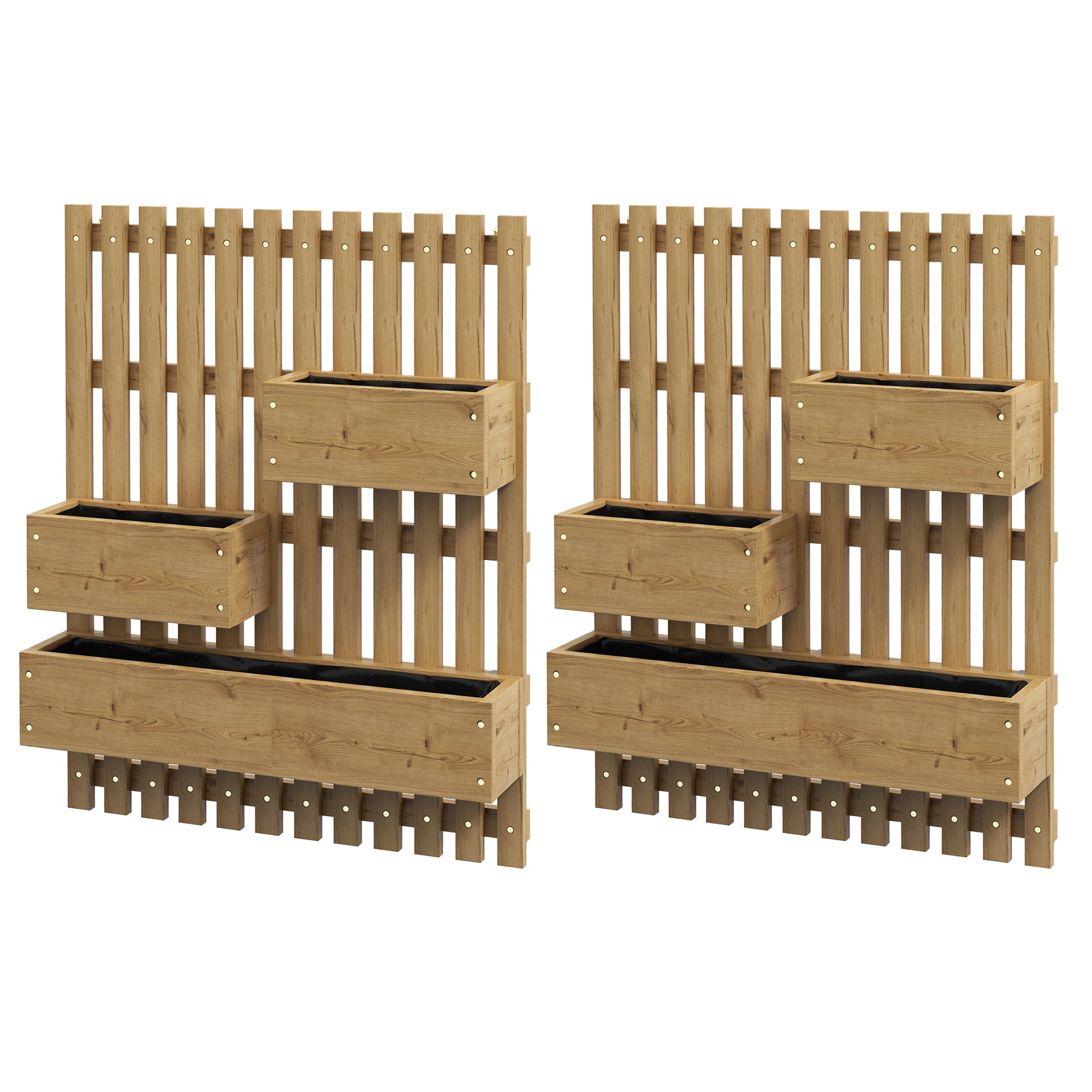 Set of 2 Wall-mounted Wooden Garden Planters with Trellis, Drainage Holes and Movable Planter Boxes, Wall Raised Garden Bed for Patio, Carbonised