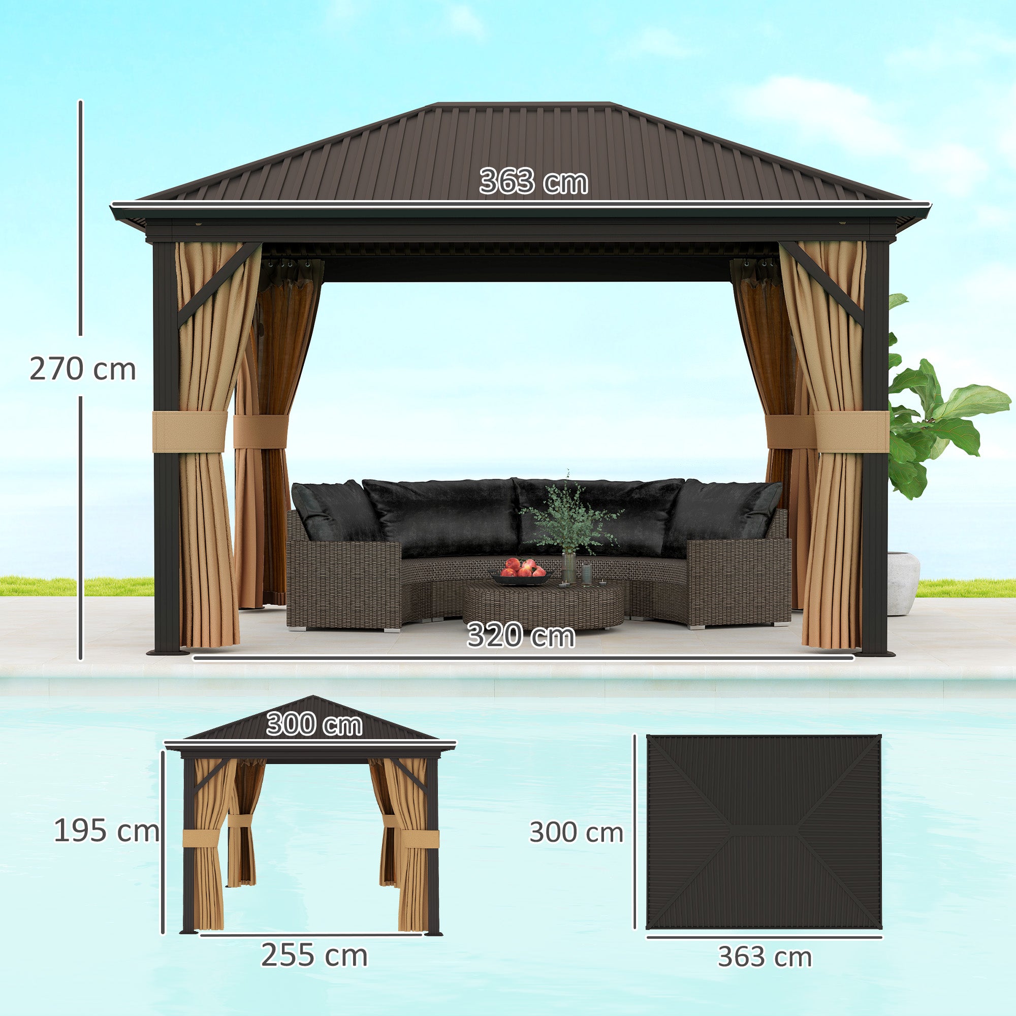 3.6 x 3 Metre Aluminium Frame Hardtop Gazebo with Curtains - Grey
