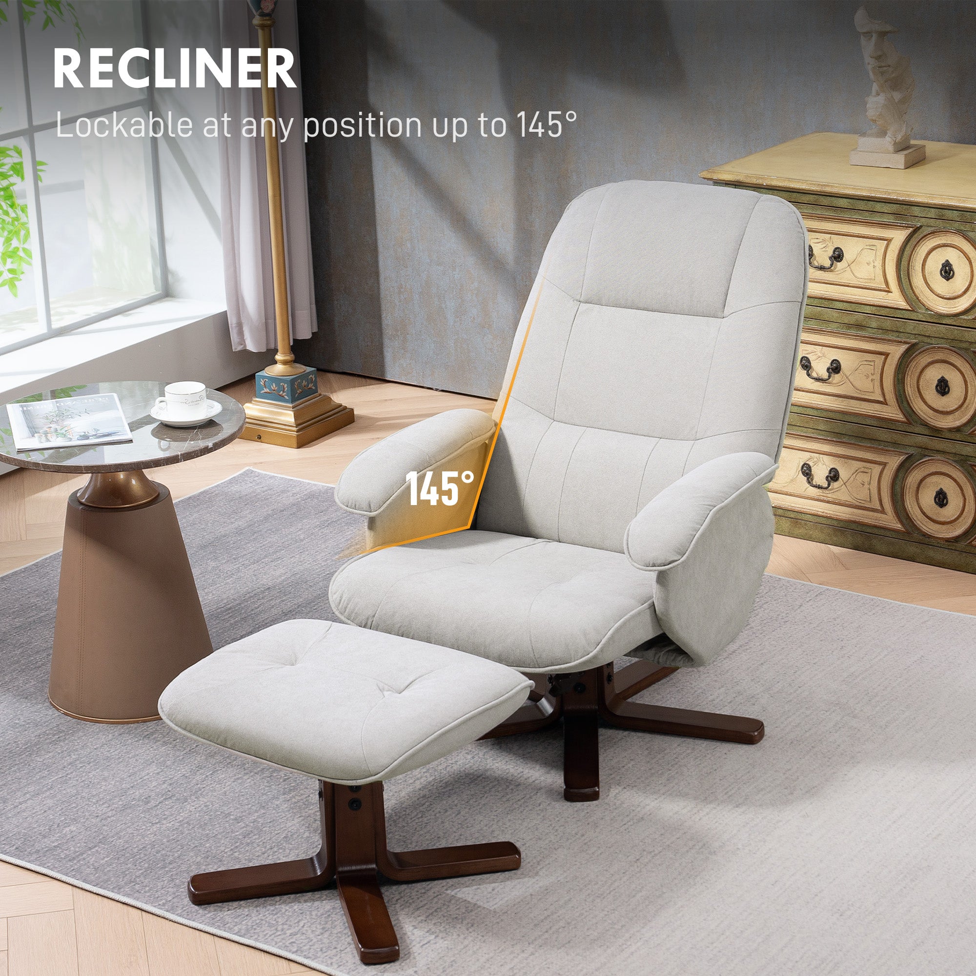 Linen Swivel Recliner Chair with Footstool, Upholstered Reclining Armc