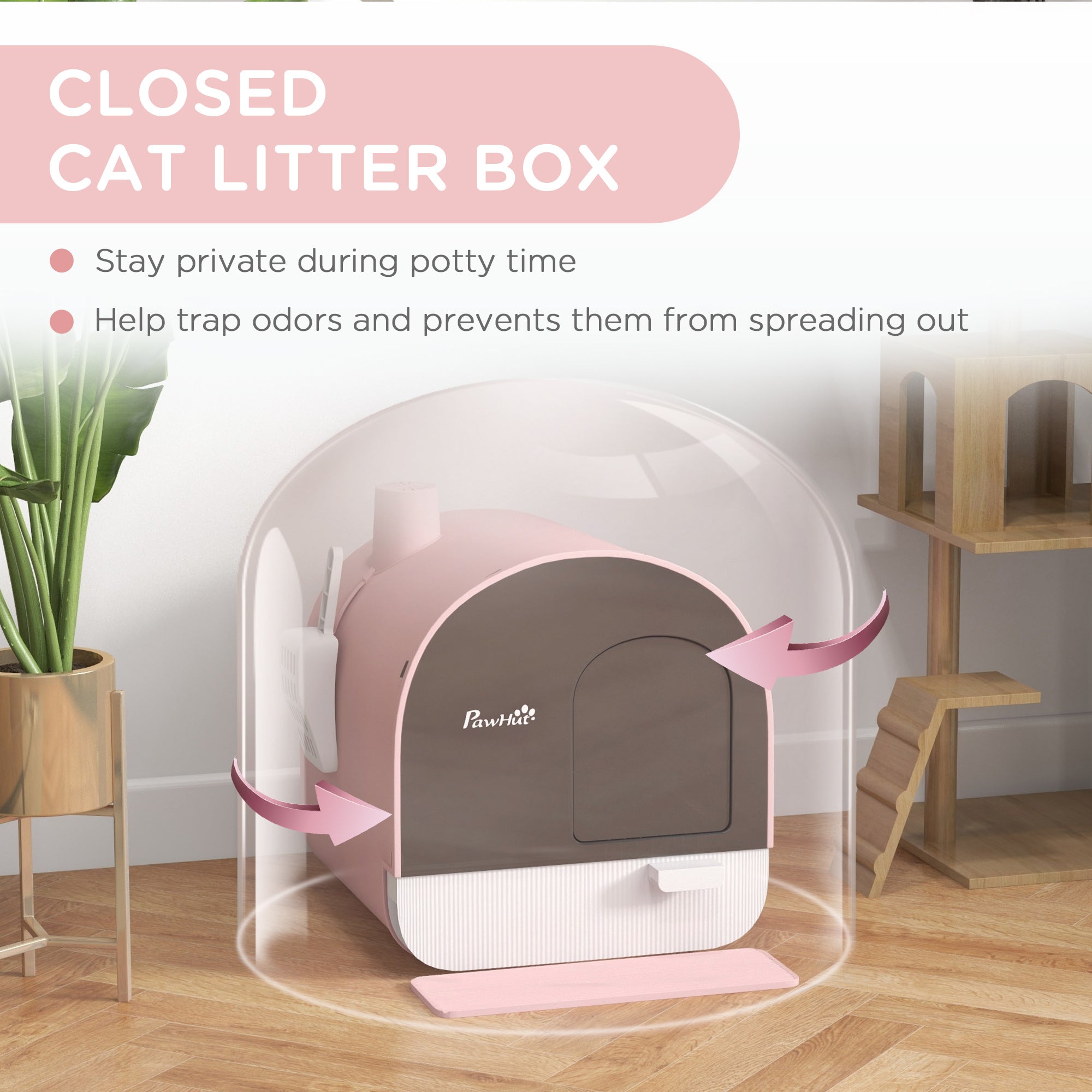 Hooded Cat Litter Box, Kitten Litter Tray, with Lid, Scoop, Filter, Flap Door, Pink