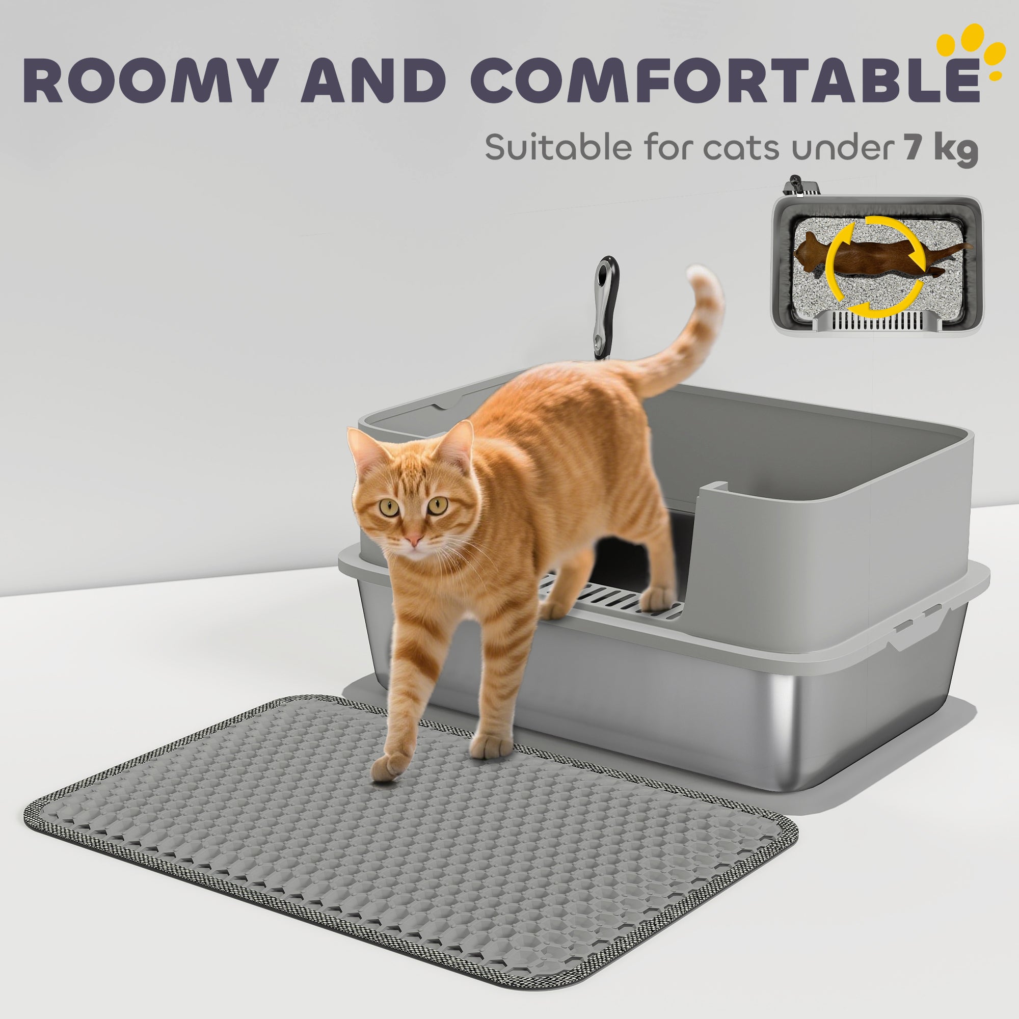 High Sided Stainless Steel Litter Box, Metal Cat Litter Tray with Metal Scoop, Litter Mat, Never Absorbs Odors, Grey