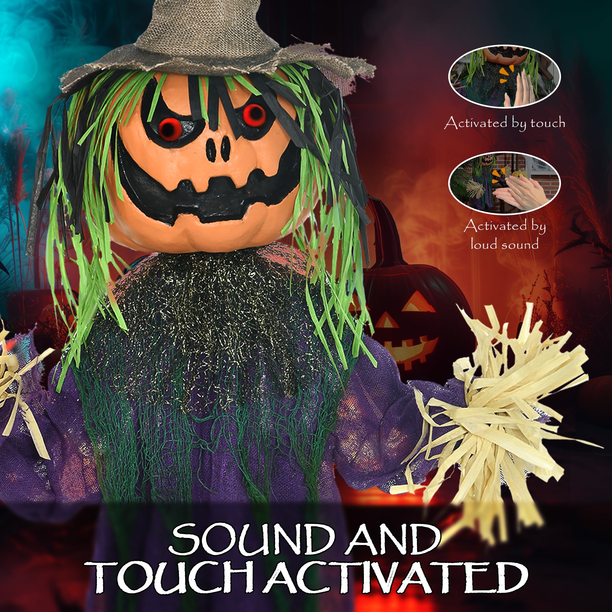 3'6" Pumpkin Scarecrow Halloween Animatronic, with Glowing Eyes