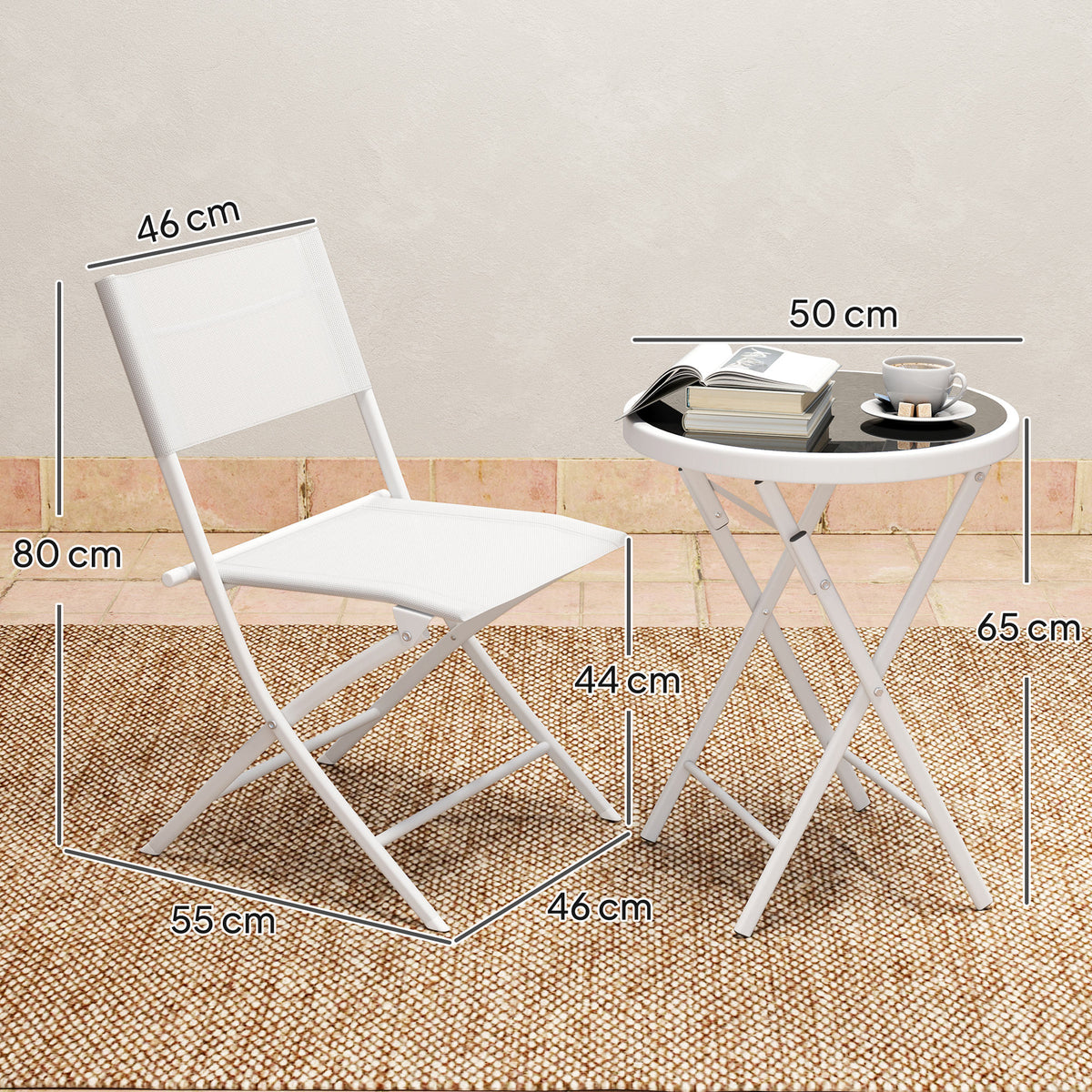 3 Piece Outdoor Bistro Set with Glass Top Table and Folding Chairs - White