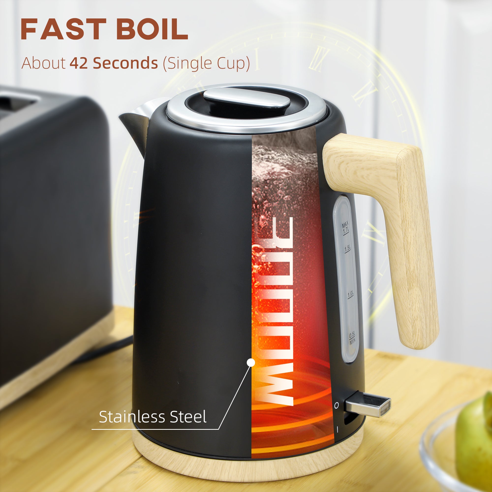 Kettle and Toaster Set, 1.7L 3000W Fast Boil Kettle & 2 Slice Toaster Kitchen Set with 7 Level Browning Controls, Defrost, Reheat, Auto Off, Boil-dry Protection, Black