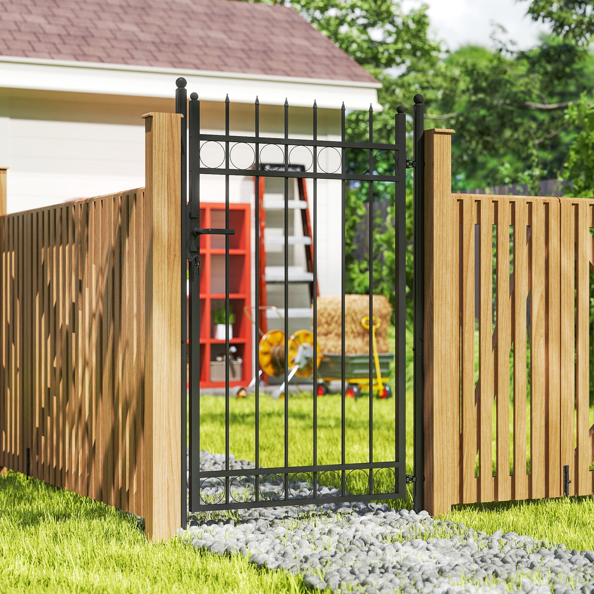 Galvanised Steel Garden Gate, Outdoor Fence Gate Security Barrier with Lock, Keys and Handle, Outdoor Entrance Way Door with Classic Finials, 105 x 204 cm, Black