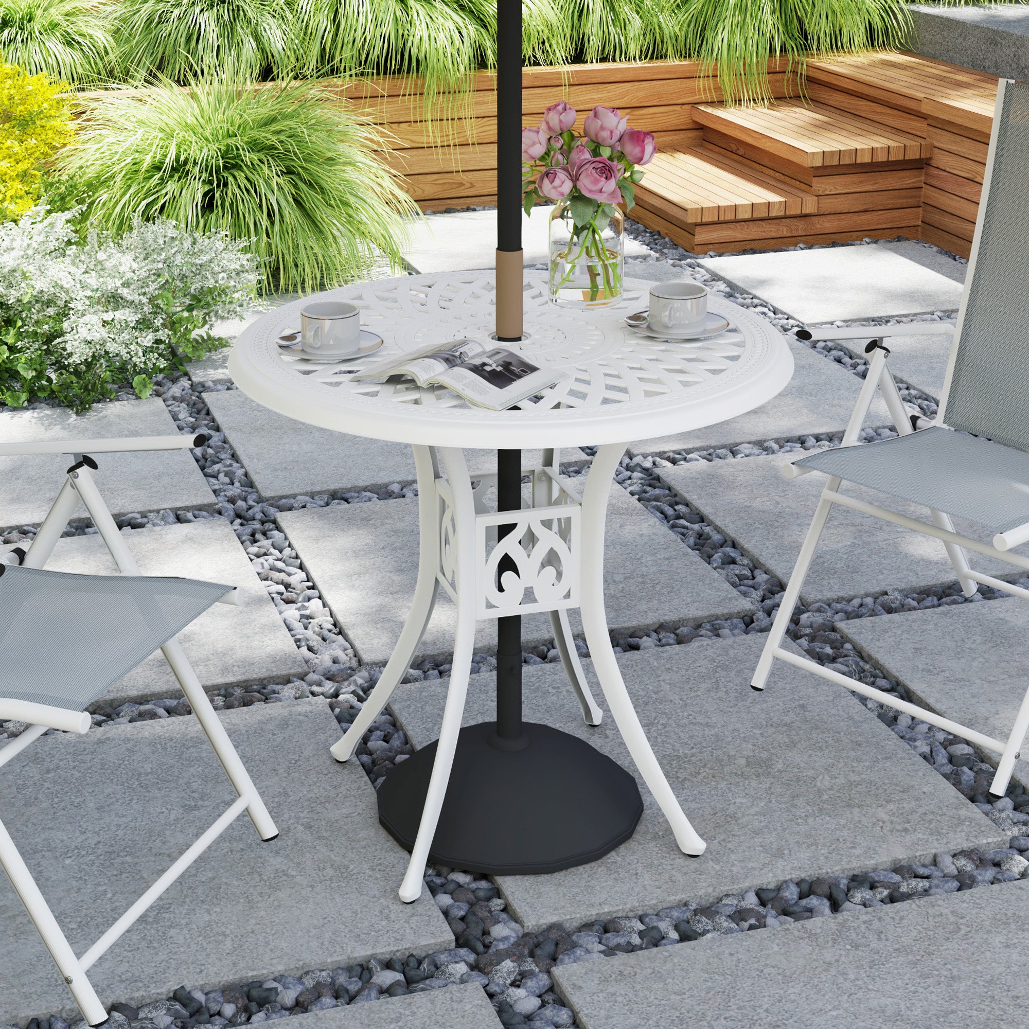 78 cm Round Garden Dining Table with Parasol Hole - White Cast Aluminium