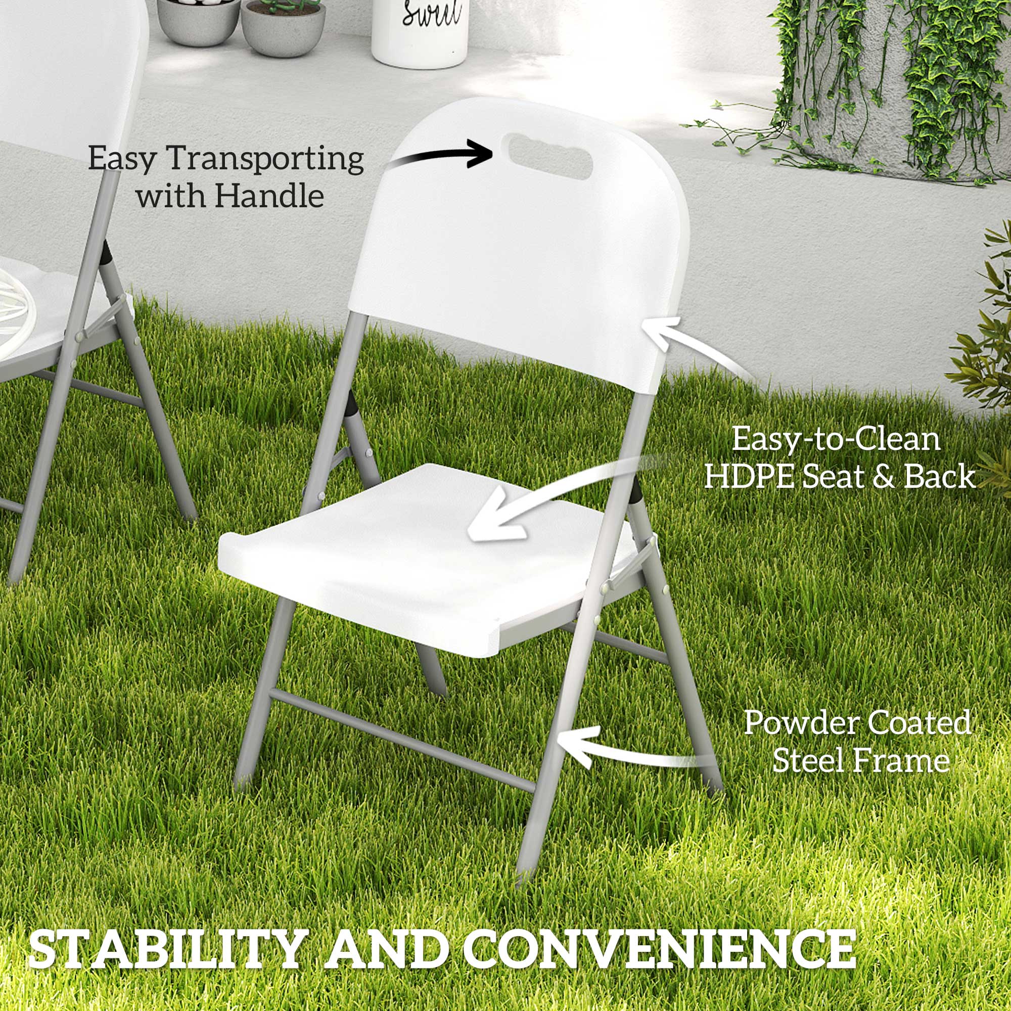Set of 2 Foldable Steel Frame Outdoor Chairs with Plastic Seats - White
