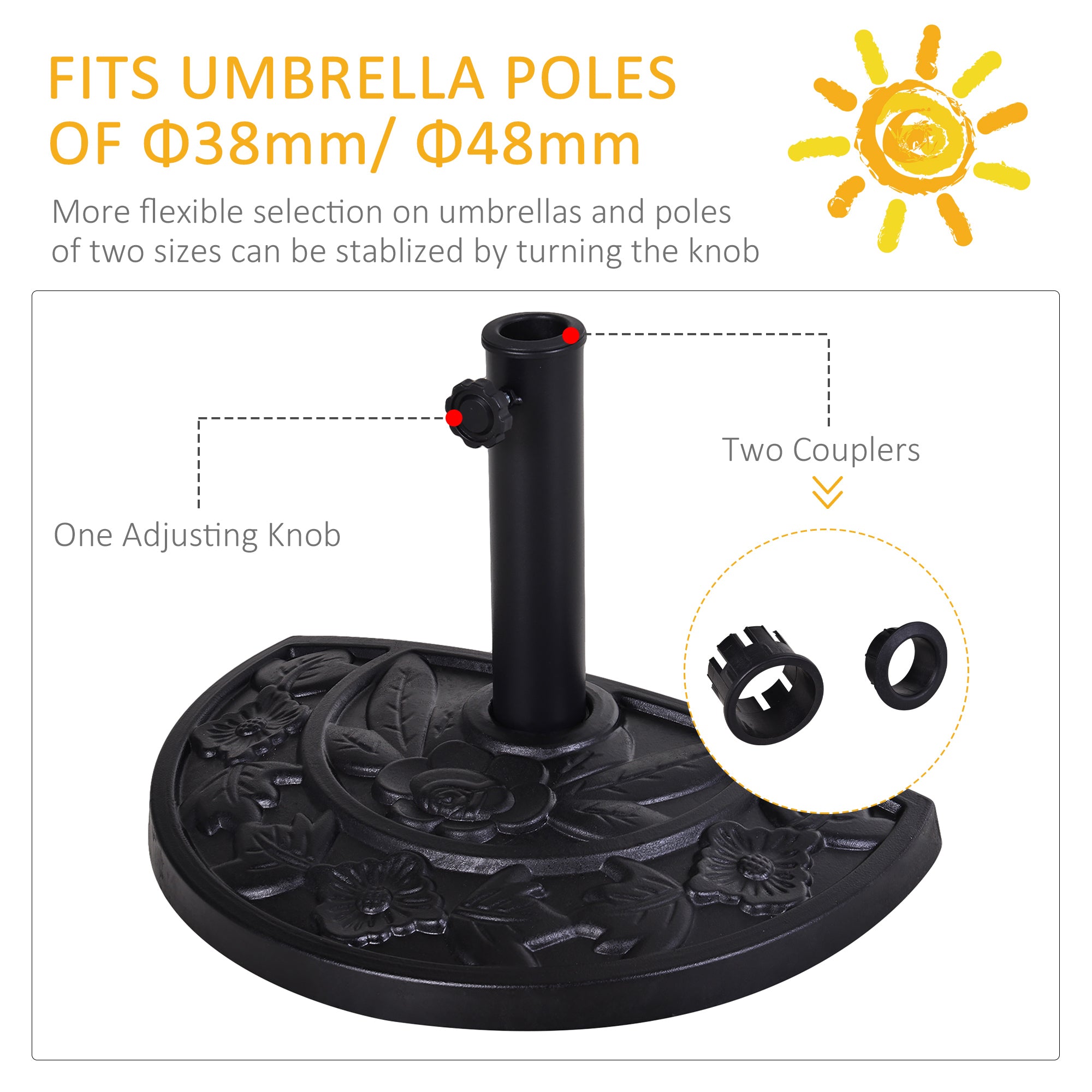 9kg Resin Parasol Base, Half Round Umbrella Stand with Floral Design for Garden, Outdoor, Suitable Umbrella Rod: Φ3.8cm, Φ4.8cm, Black