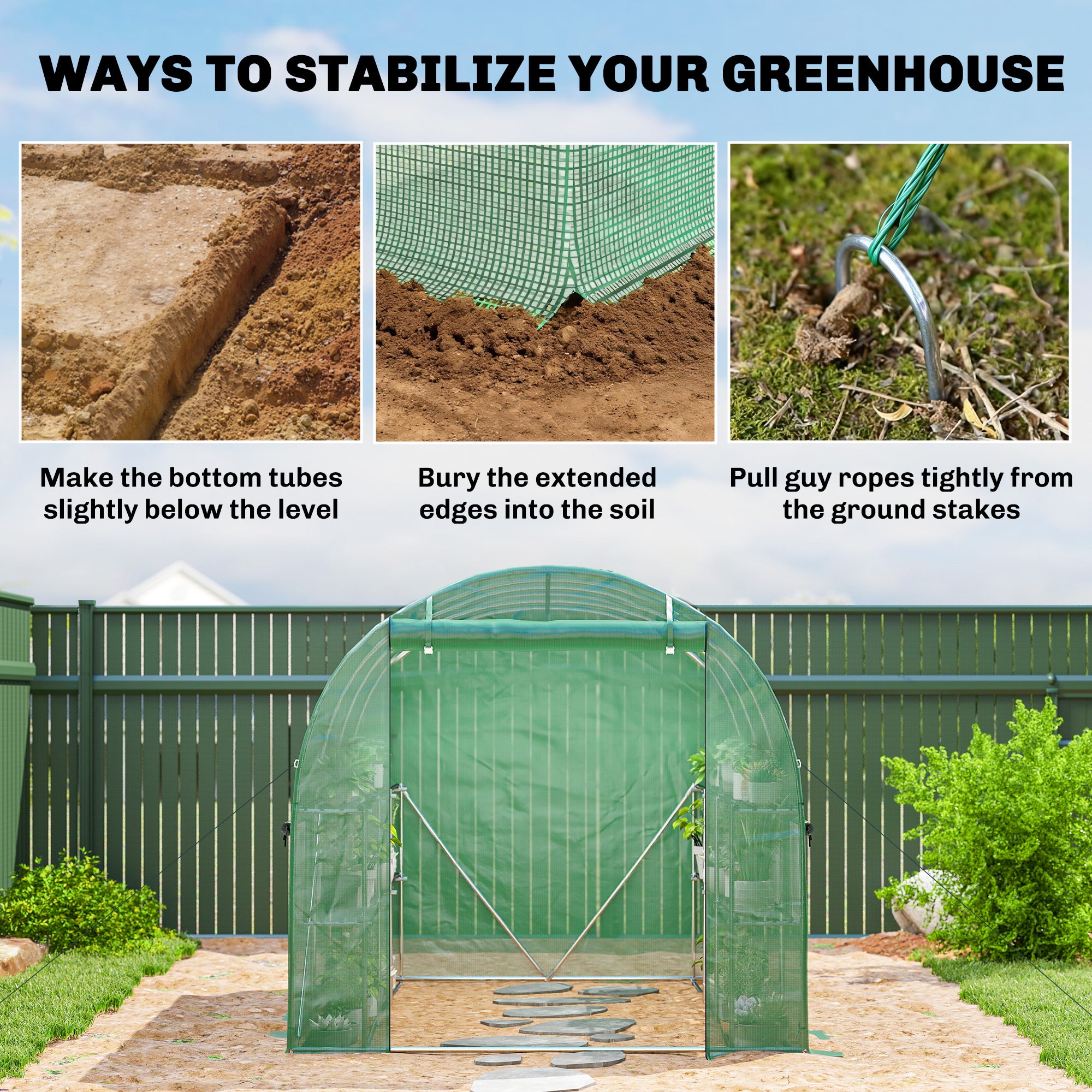 Walk-in Greenhouse with Shelves, Polytunnel Greenhouse with Roll-Up Door, 6 Mesh Windows,198 x 275 x 191 cm, Green