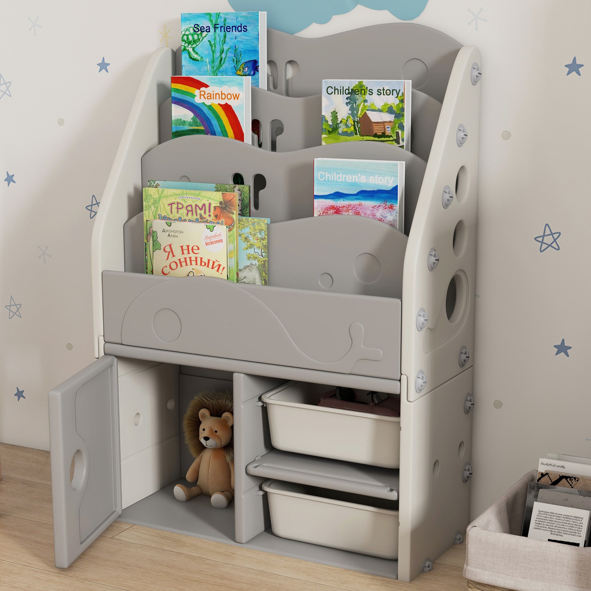 Kids Storage Units with 2 Storage Boxes, 4 Tier Bookshelf, Cabinet, 67 x 29 x 98cm Light Grey