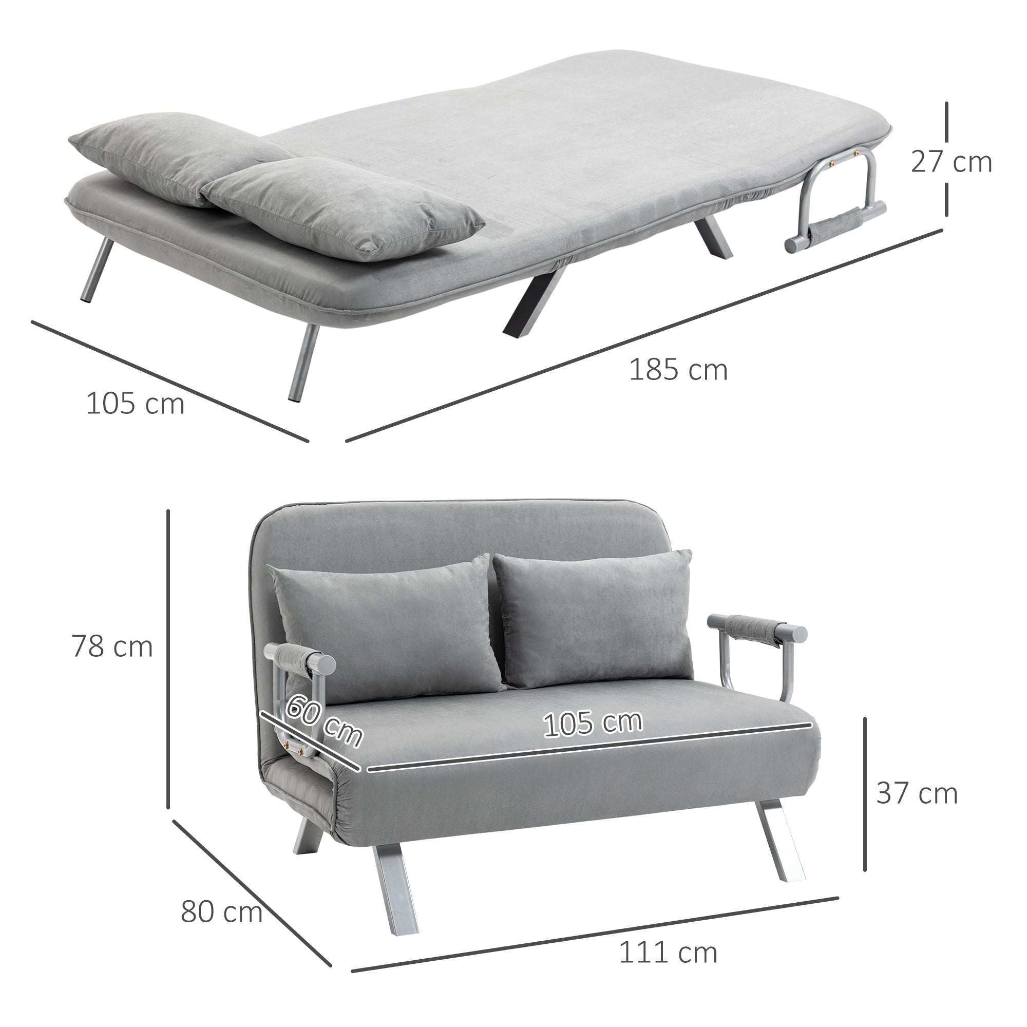 Two-Seater Click-Clack Sofa Bed - Light Grey