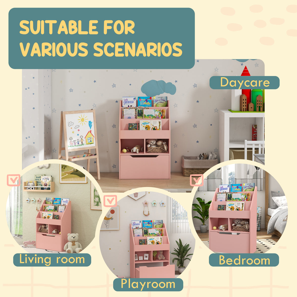 Kids Bookshelf with Storage Drawer and Wheels - Pink