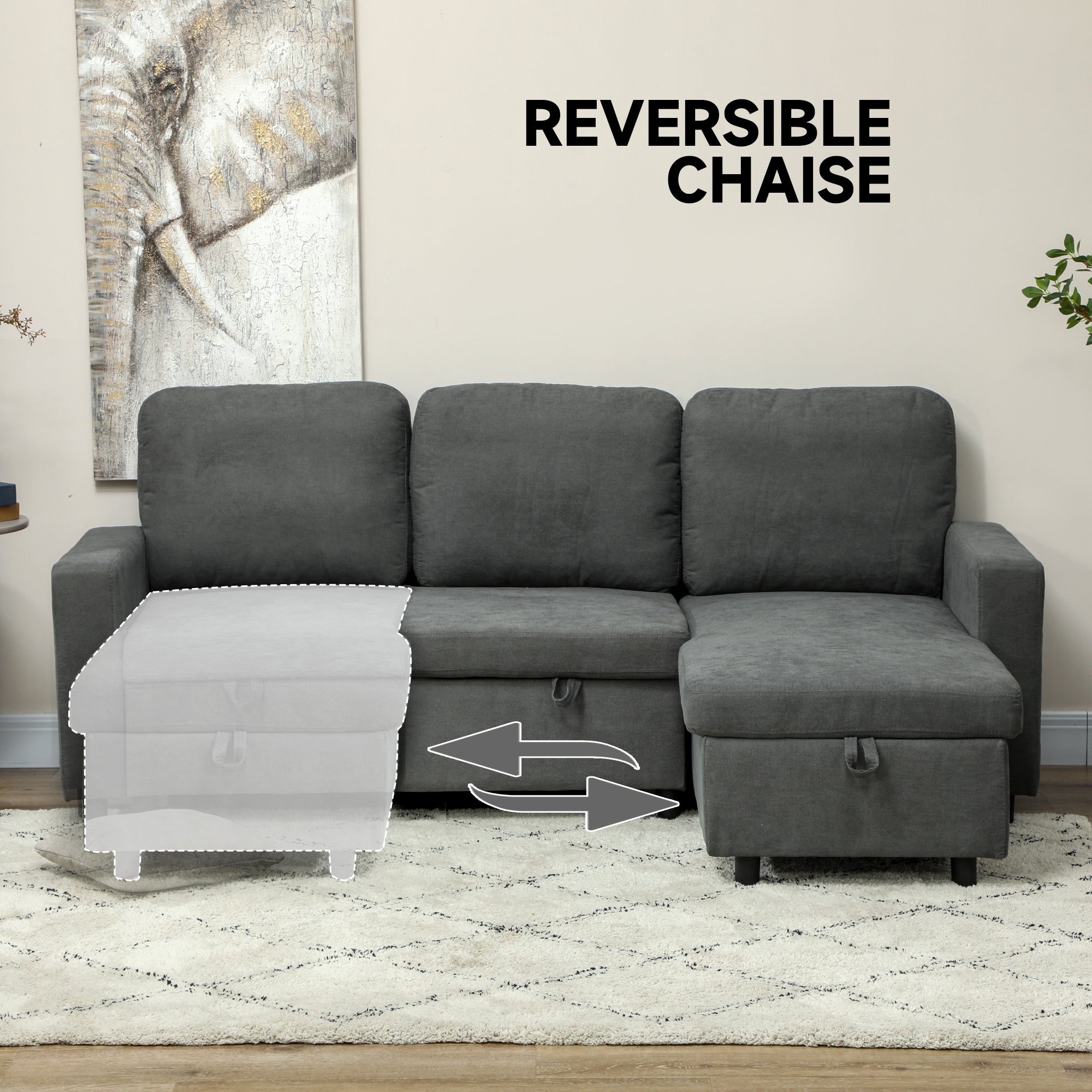 Sofa Bed with Storage, Convertible L Shaped Corner Sofa, 3 Seater Pull Out Sofa Bed with Reversible Chaise, Side Pockets for Living Room, Bedroom, Small Spaces, Charcoal Grey