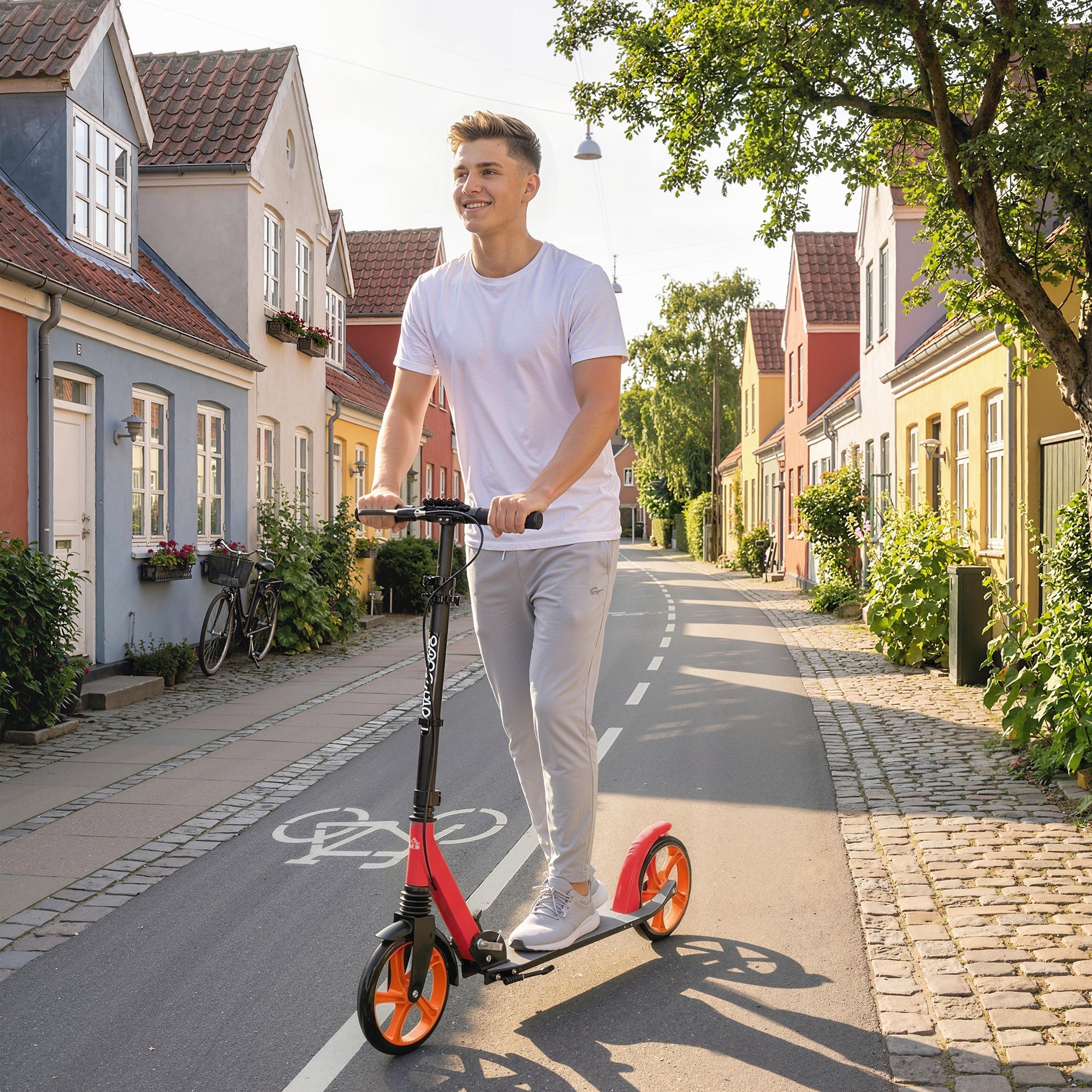 One-click Folding Kick Scooter for 14+ w/ Adjustable Handlebar, Push Scooter with Kickstand, Dual Brake System, Red