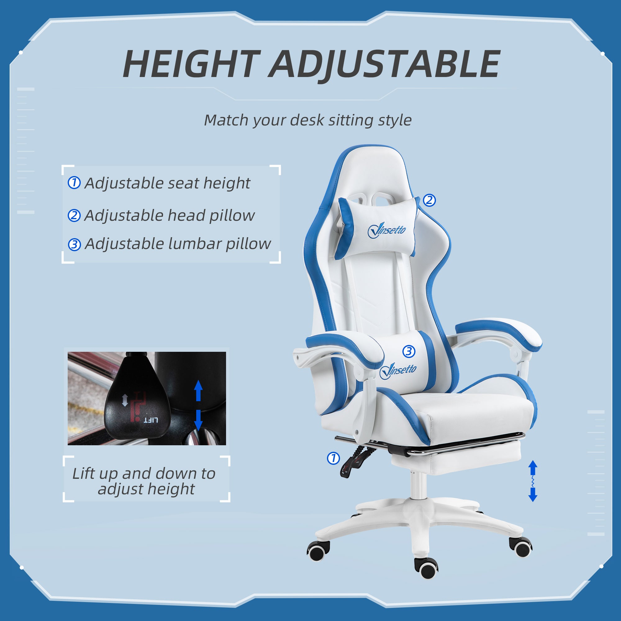 Computer Gaming Chair, PU Leather Desk Chair with Footrest, Swivel Task Chair with 135° Reclining Back and Lumbar Support, PC Chair for Adults, White and Blue