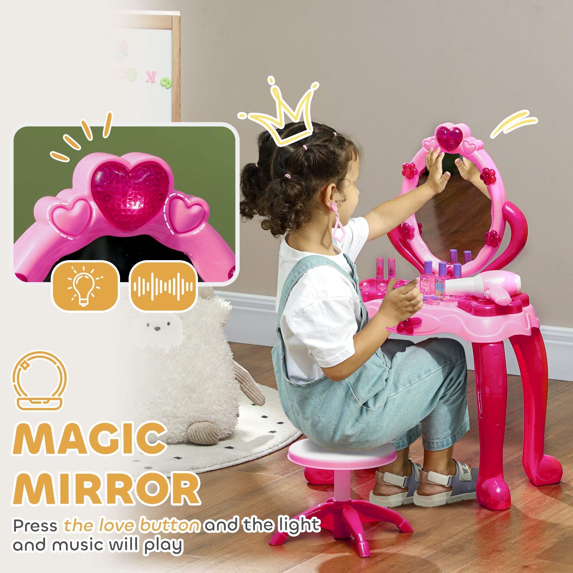 Kids Dressing Table with mirror, Stool, Light, Music, 15 Accessories, for Ages 3-6 Years, Pink