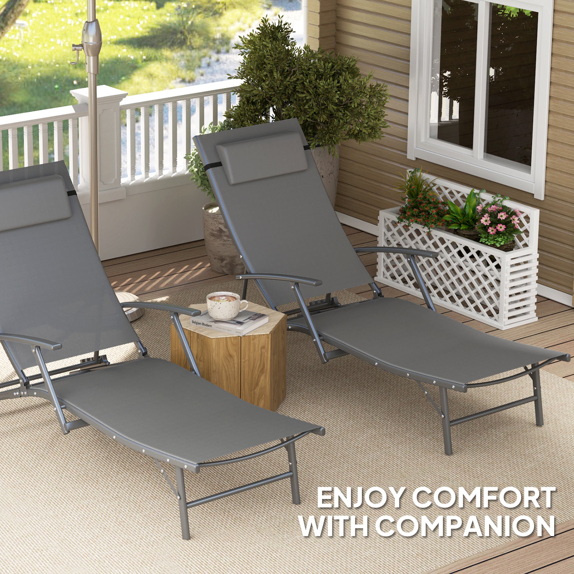 Set of 2 Adjustable Back Sun Loungers with Quick-Dry Mesh - Grey